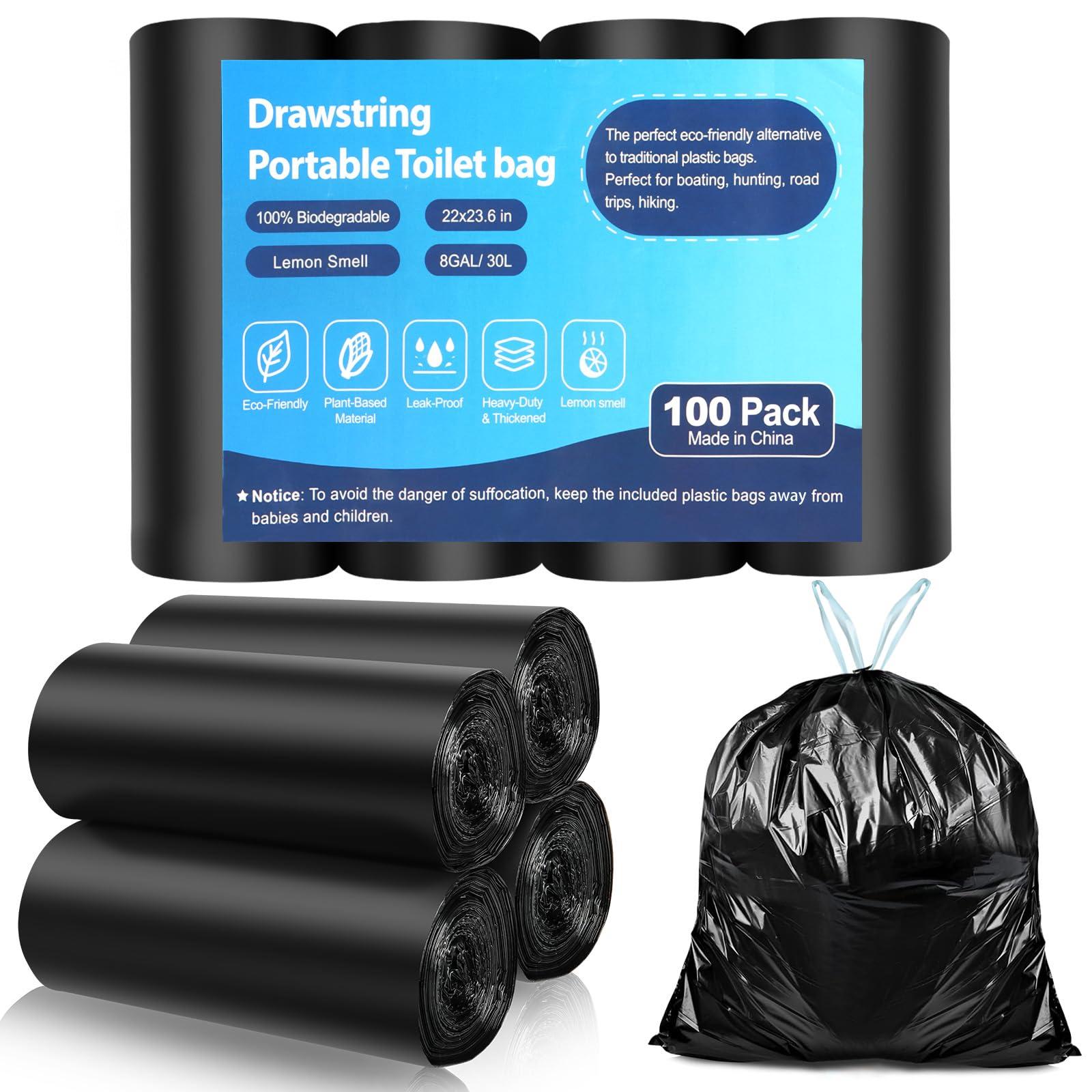100 Portable Toilet Bags, Drawstring Biodegradable Camping Potty Bags 8 Gallon Waste Bags for 5-8 Gallon Bucket Toilet Adults Outdoor Camping Car