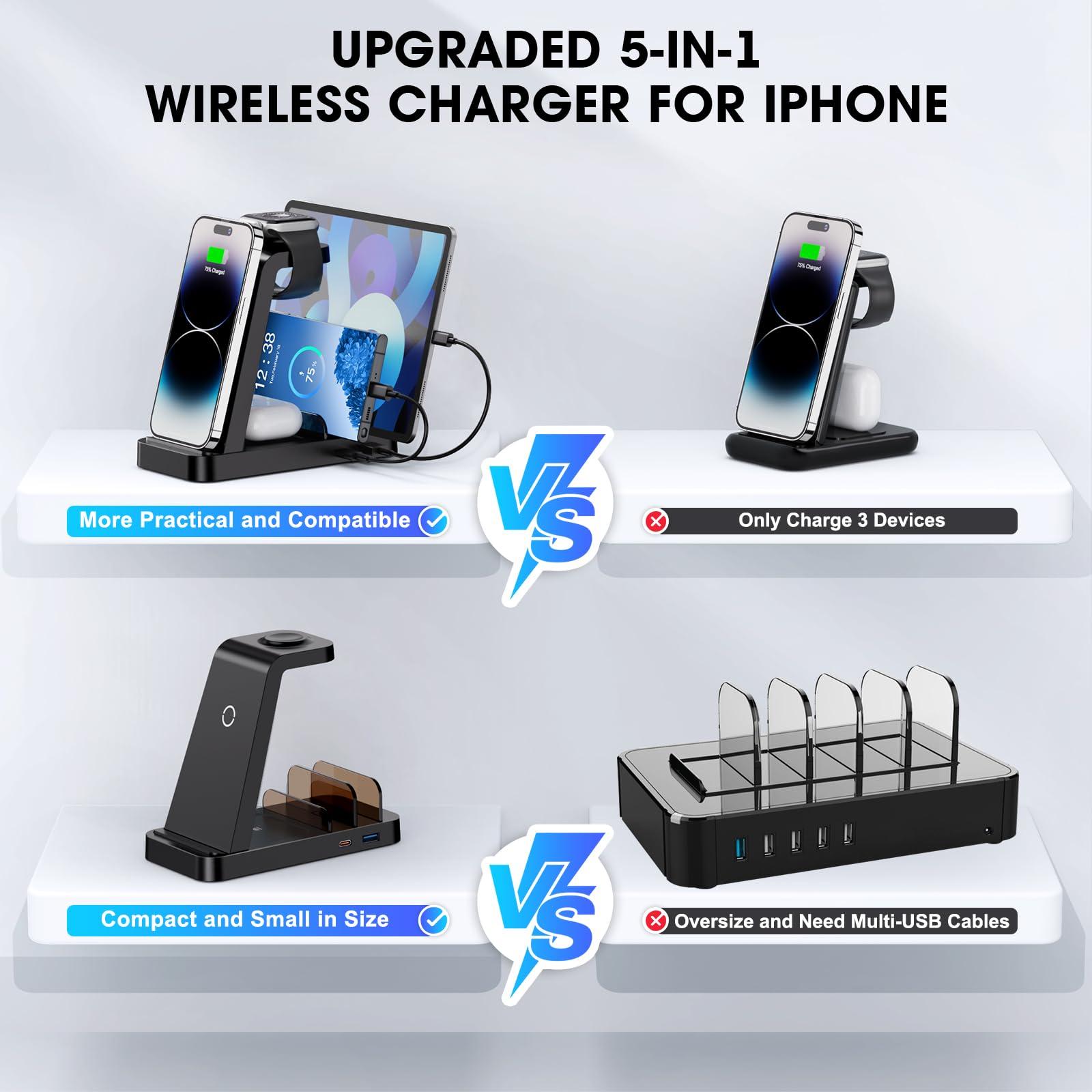 Wireless Charger for iPhone - 5 in 1 Charging Station for Multiple Devices Apple: Fast Wireless Charging Stand Dock for iPhone 16e 16 15 14 13 12 Pro Max Apple Watch Airpods - Image 2