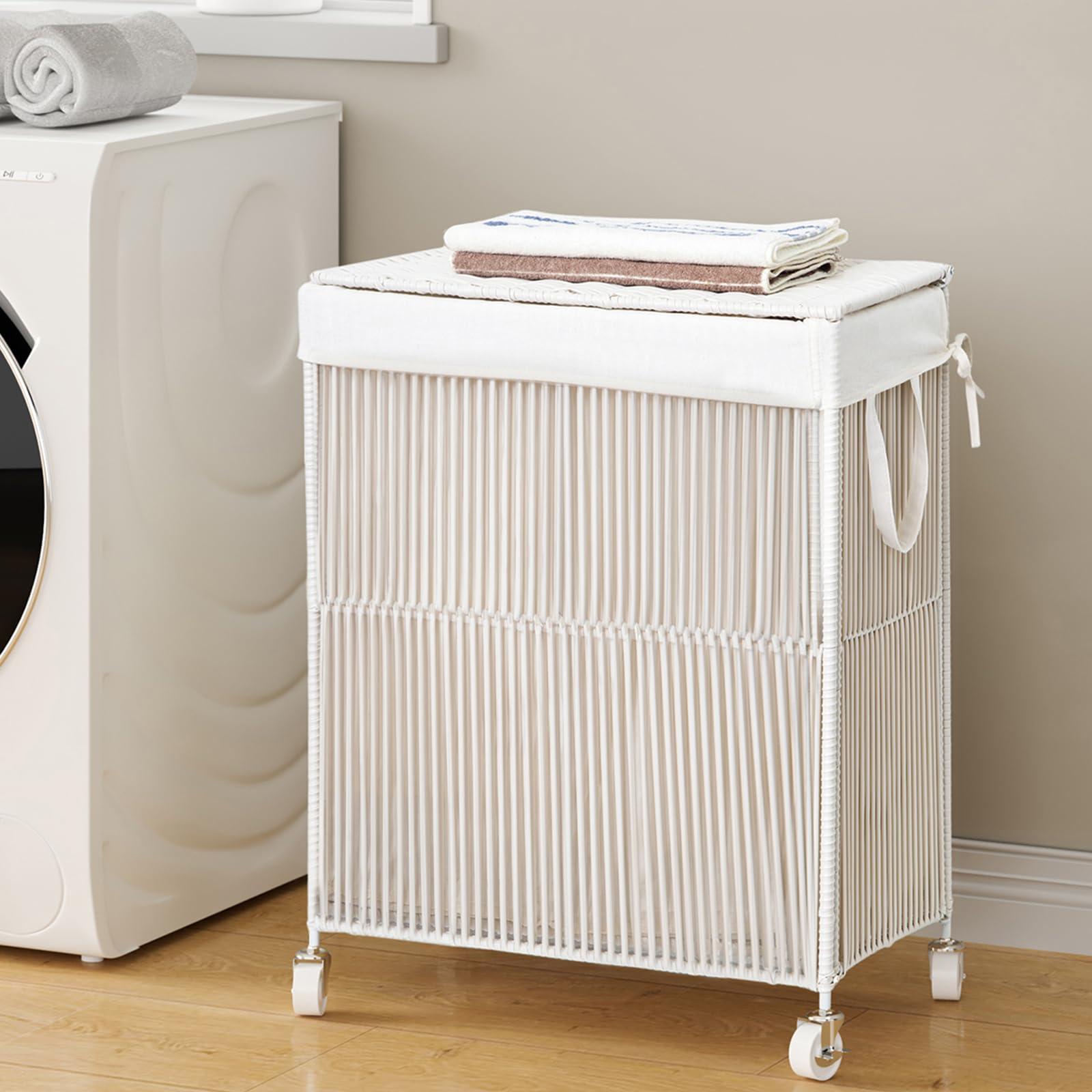 WOWLIVE Laundry Hamper with Wheels, Handwoven Rolling Laundry Basket with Lid, Clothes Hamper with Divided Removable Liner Bag, 115L Large Capacity Laundry Sorter Laundry Room Organization, White - Image 4