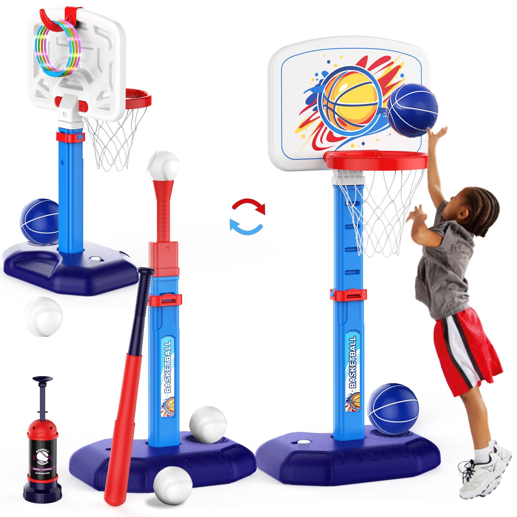 4 in 1 Kids Basketball Hoop and T Ball Set & Ring Toss Game Blue&Pink