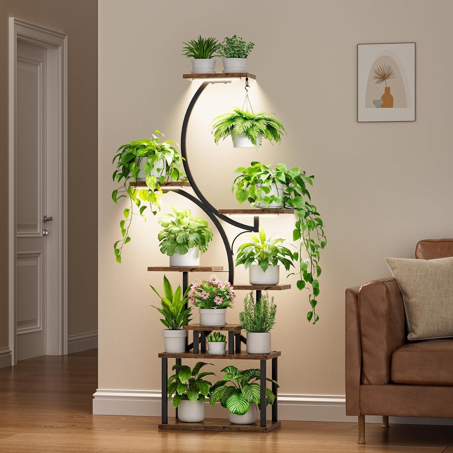 Plant Stand Indoor with Grow Lights - 62" Tall Plant Shelf, Lighted Corner Plant Stands for Indoor Growing, 8 Tiered Large Flower Holder, S-Shaped Decorative Rack for Living Room, Black, Patent Design - Image 3