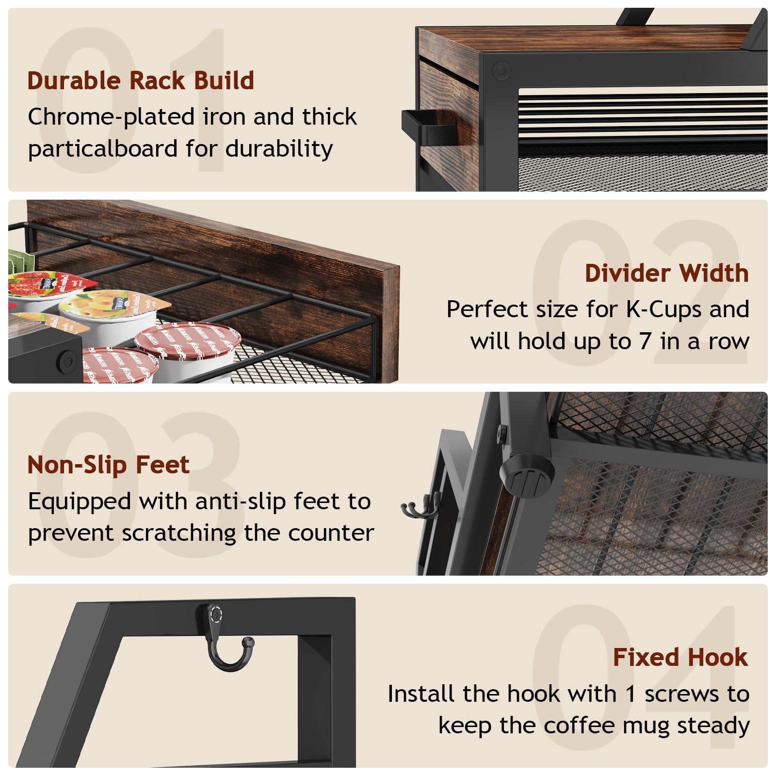 Homsorout K Cup Holder Drawer - Coffee Pod Organizer for Counter, Sturdy k cups Storage Drawer with Mug Rack, Coffee Maker Stand, 35 Capacity Pods, Home Kitchen Counter Organizer, Rustic Brown - Image 4