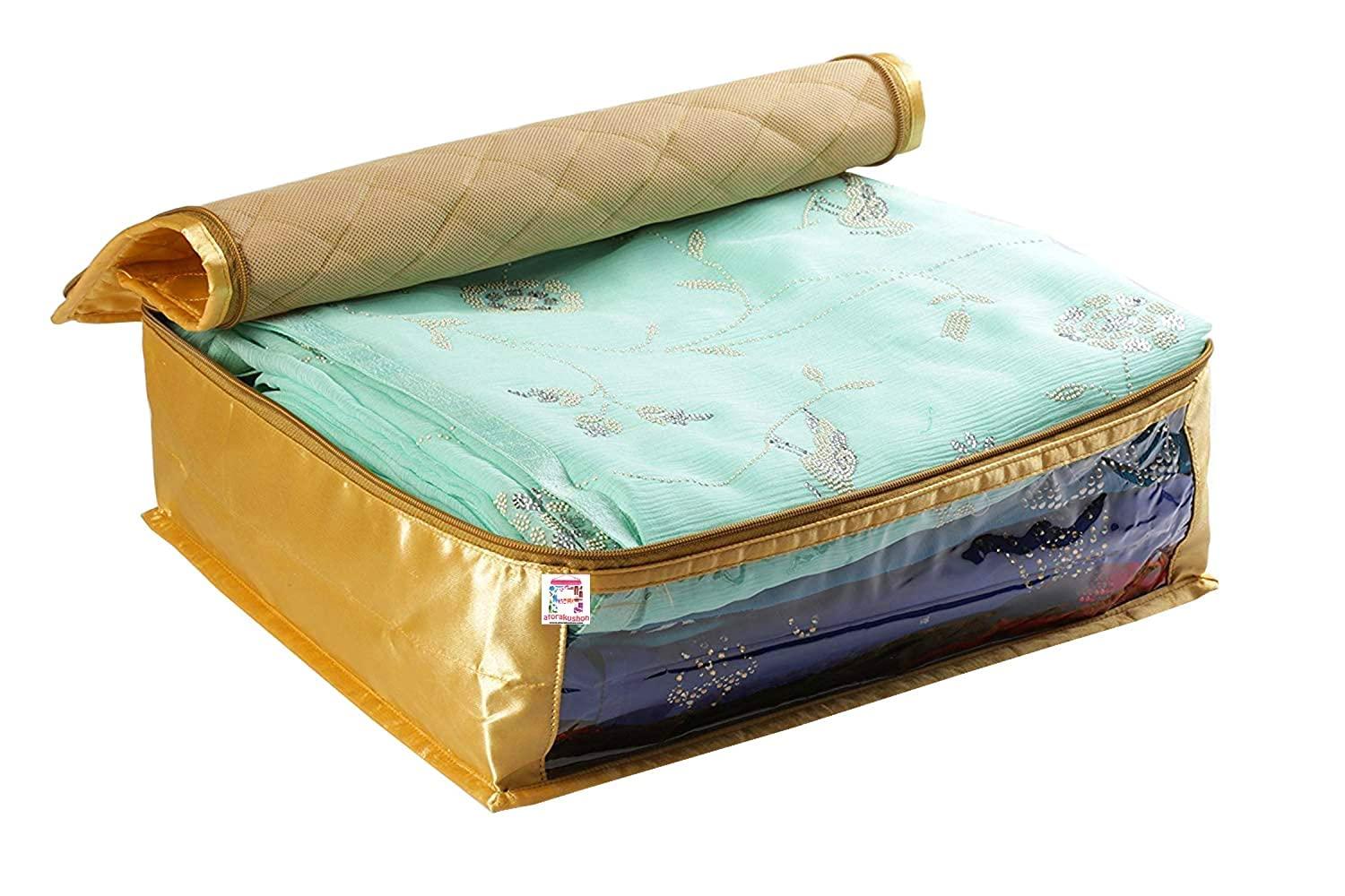 atorakushon Fabric Satin Foldable Saree Covers Garments Clothes Storage Bag Wardrobe Organizers With Double Zip Lock & Transparent Window 4 Pieces Gold - Image 5