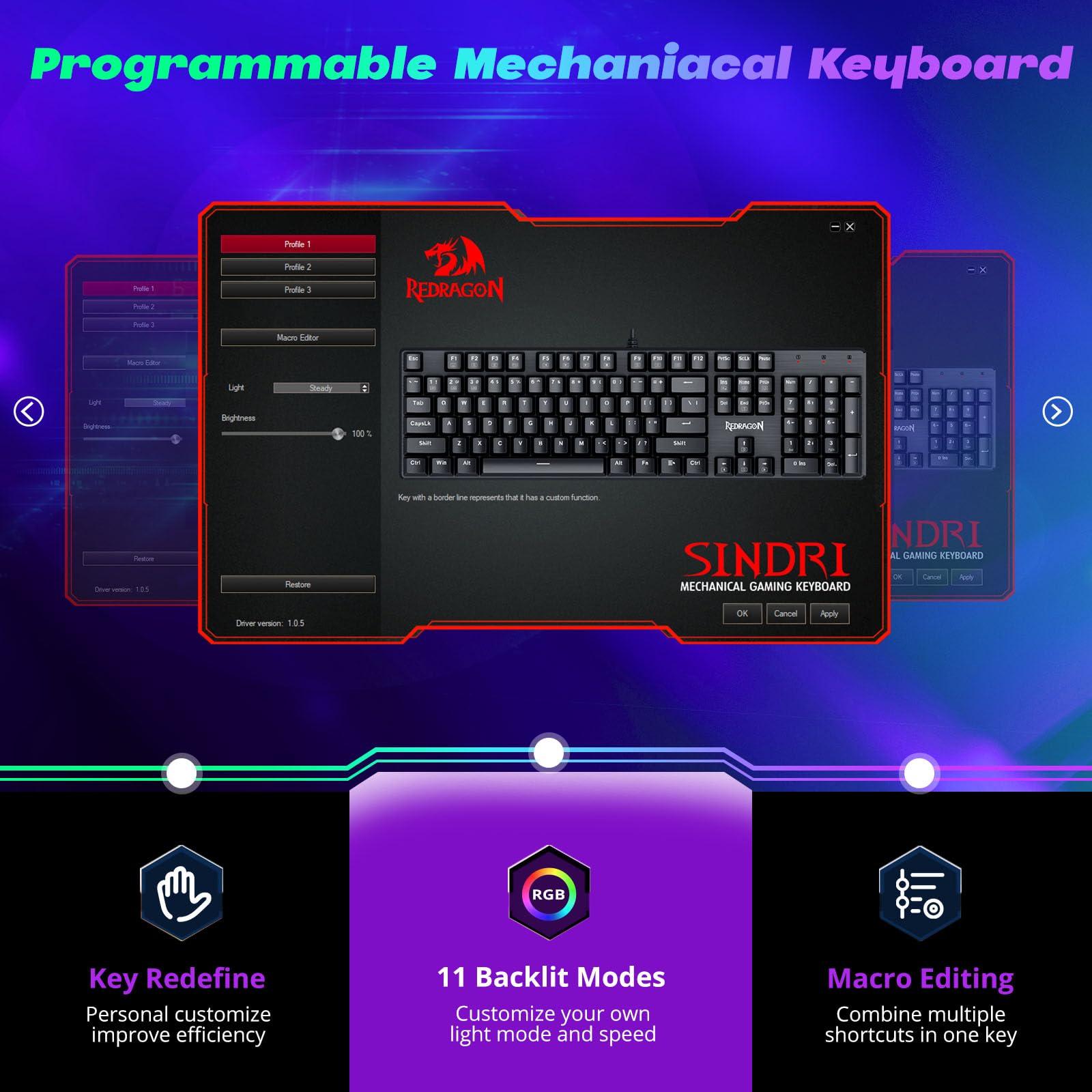 Redragon Mechanical Gaming Keyboard Wired, 11 Programmable Backlit Modes, Hot-Swappable Red Switch, Anti-Ghosting, Double-Shot PBT Keycaps, Light Up Keyboard for PC Mac - Image 4