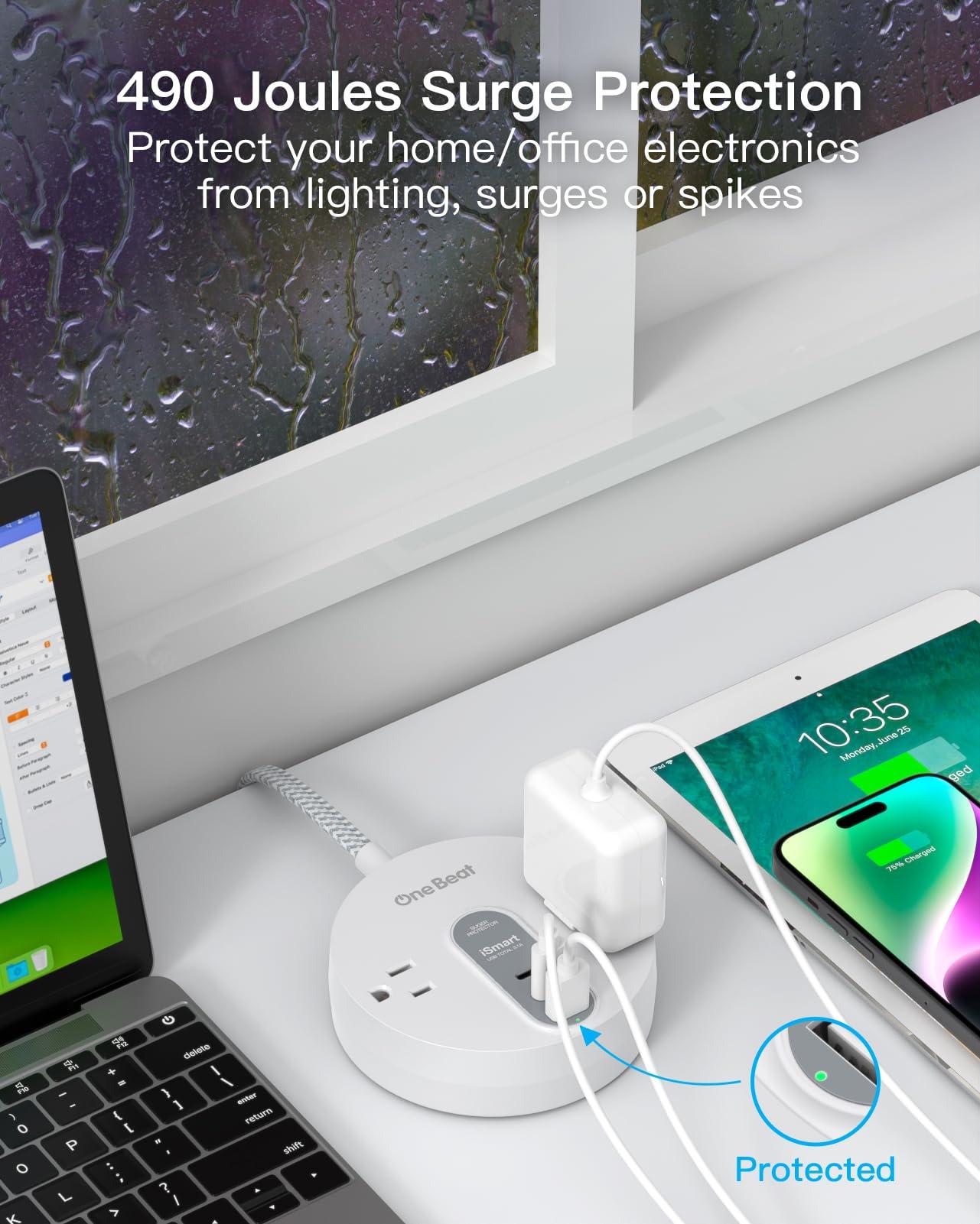 Power Strip Surge Protector with 2 USB C - Ultra Flat Plug Extension Cord with 2 Widely AC Outlets and 3 USB, Small Desktop Charging Station with 5 ft Power Cord, Compact for Travel Home Office Dorm - Image 6