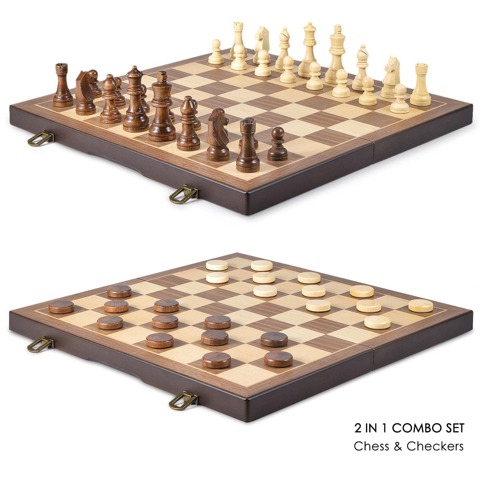 AMEROUS Magnetic Wooden Chess and Checkers Game Set, 15 Inches (2 in 1) Chess Board Games, 2 Extra Queens - Gift Package - Game Pieces Storage Slots, Beginner Chess Set for Kids, Adults - Image 3