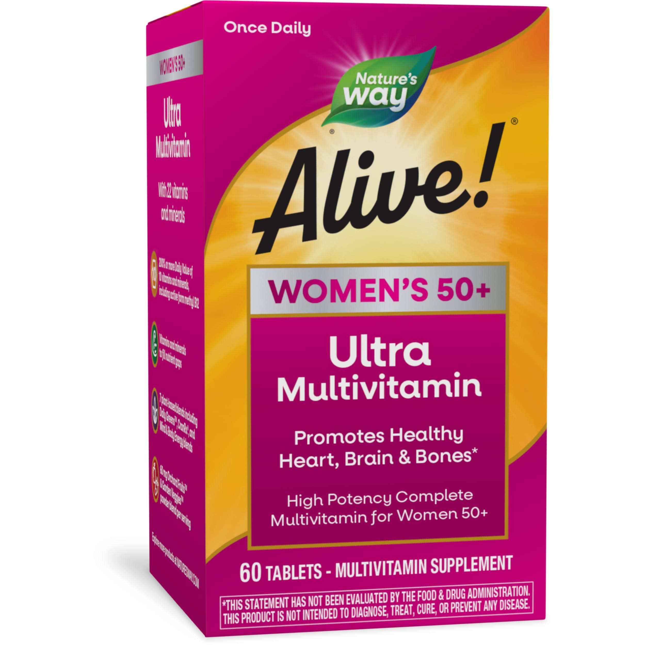 Nature’s Way Alive! Women’s 50+ Ultra Potency Complete Multivitamin, High Potency Formula, Promotes Healthy Heart, Brain, Bones*, with Methylated B12, Gluten-Free, 60 Tablets
