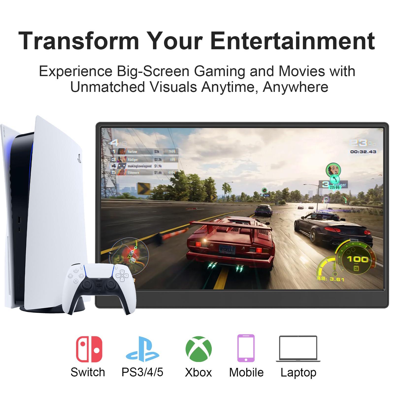 UFYQL 15.6-inch Portable Monitor FHD IPS Gaming Display Travel External Monitor, for Laptop PC Phone PS4/5 Xbox Switch, 1080P, USB-C, HDMI, Ultra-Slim, with Kickstand, Speakers, Plug&Play, HDR - Image 4