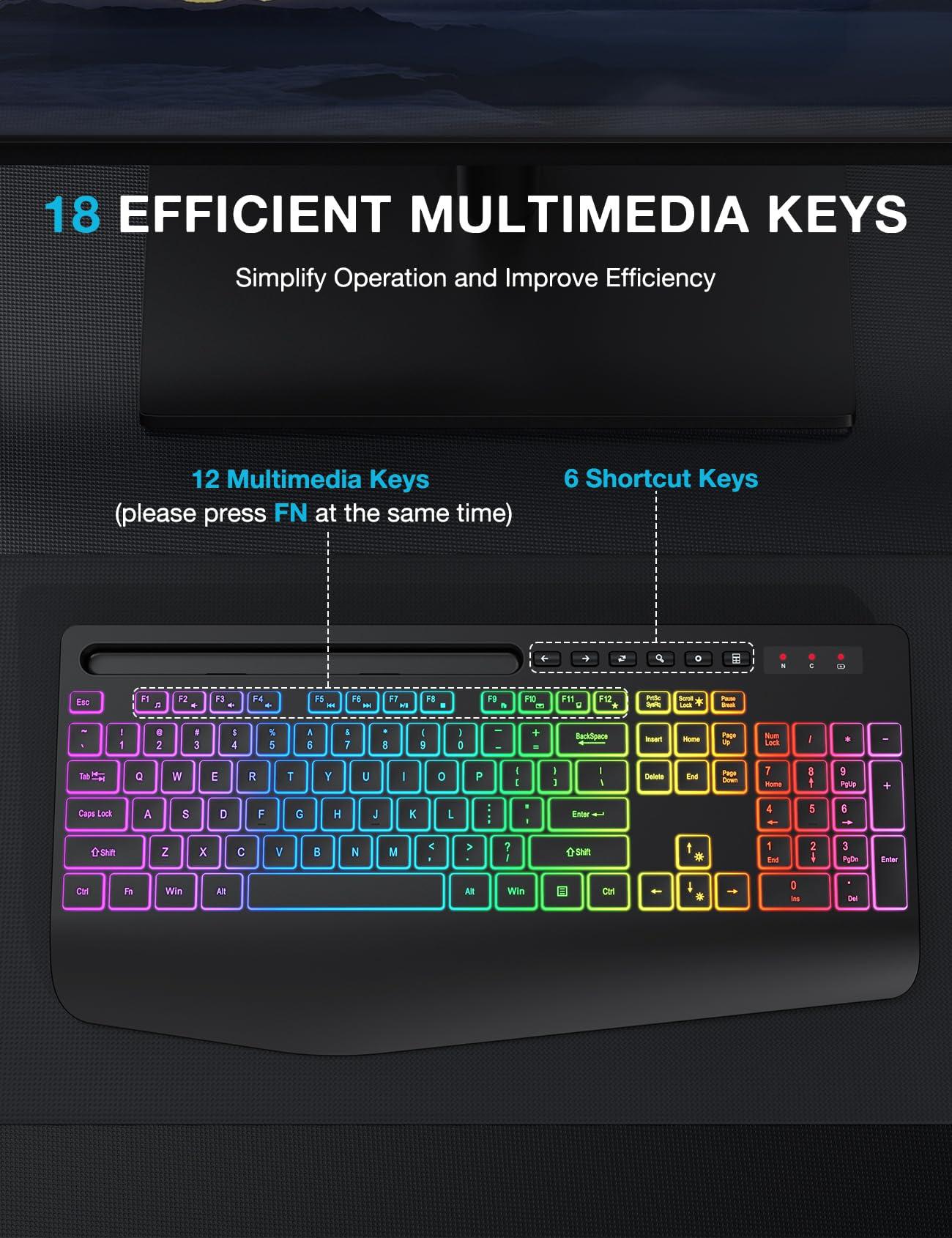 Wireless Keyboard with 8 Colored, 9 Effects Backlits, Wrist Rest, Phone Holder, Rechargeable Ergonomic Computer Keyboard with Silent Keys, 2.4G Lag-Free Cordless Set for PC, Laptop, Windows, MacBook - Image 6