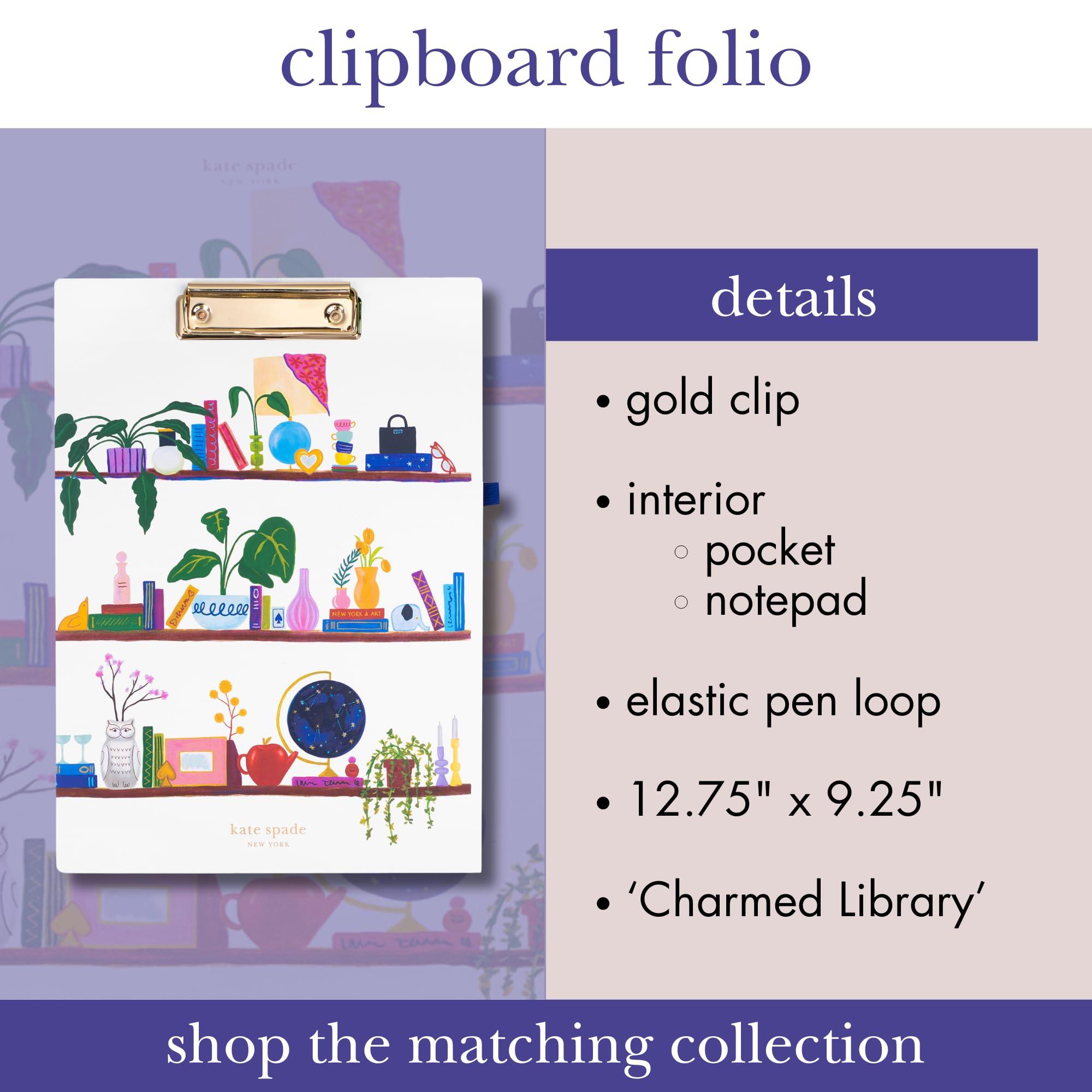 kate spade new york A4 Clipboard Folio with Low Profile Clip, Professional Padfolio Includes Lined Notepad, Pen Loop, and Pocket, Charmed Library - Image 4