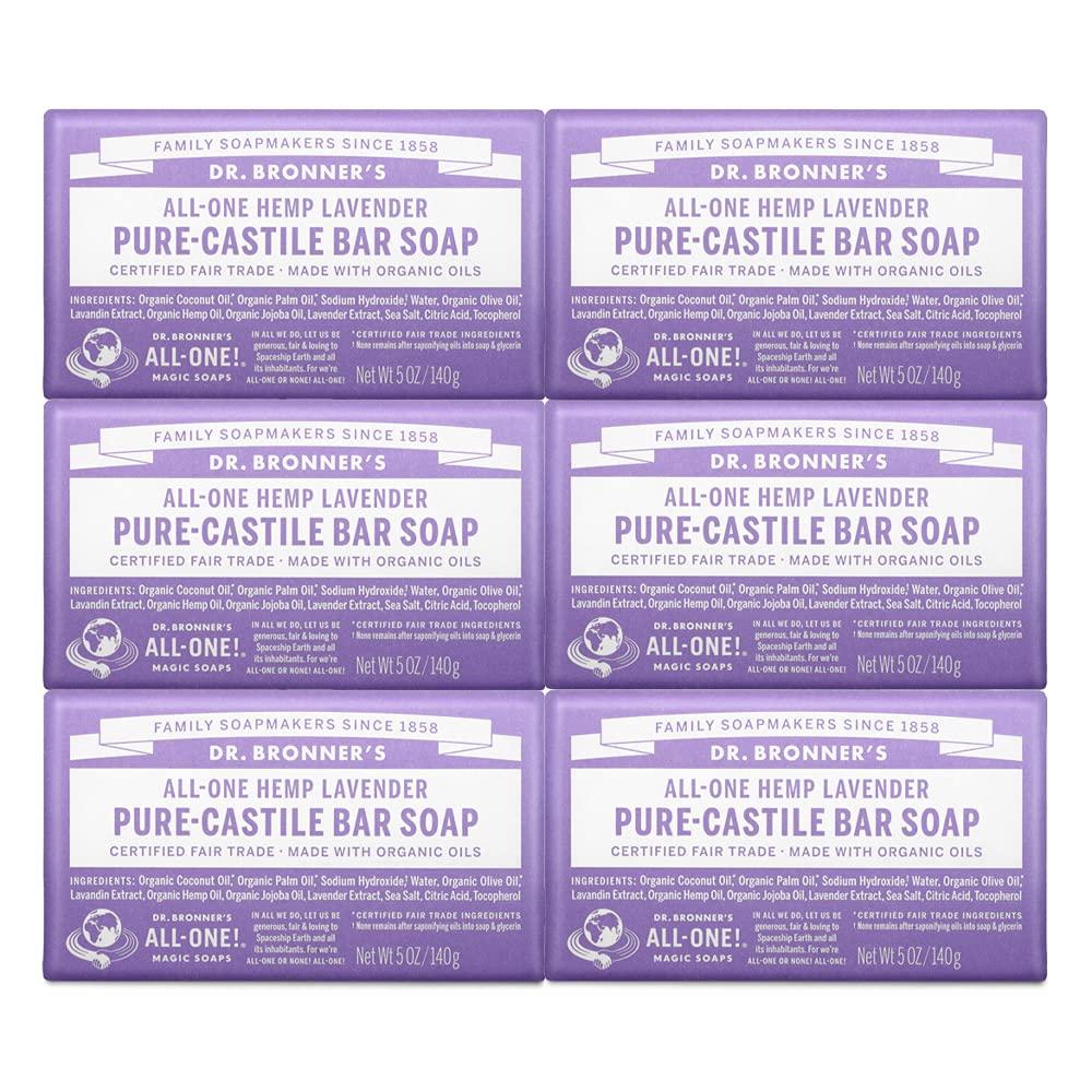 Dr. Bronner's - Pure-Castile Bar Soap (Lavender, 5 ounce, 6-Pack) - Made with Organic Oils, For Face, Body and Hair, Gentle and Moisturizing, Biodegradable, Vegan, Cruelty-free, Non-GMO