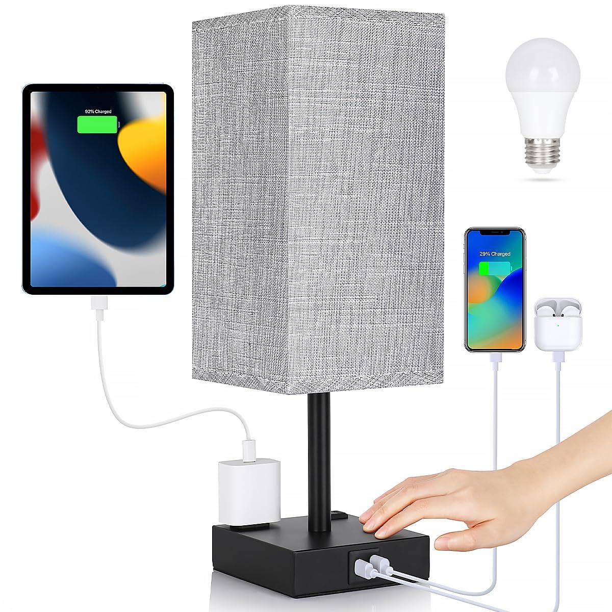 Bedside Table Lamp for Bedroom - Touch Small Lamp with USB C+A Charging Ports & AC Outlets, 3 Way Dimmable Nightstand Light for Living Room (LED Bulb Included, Grey)
