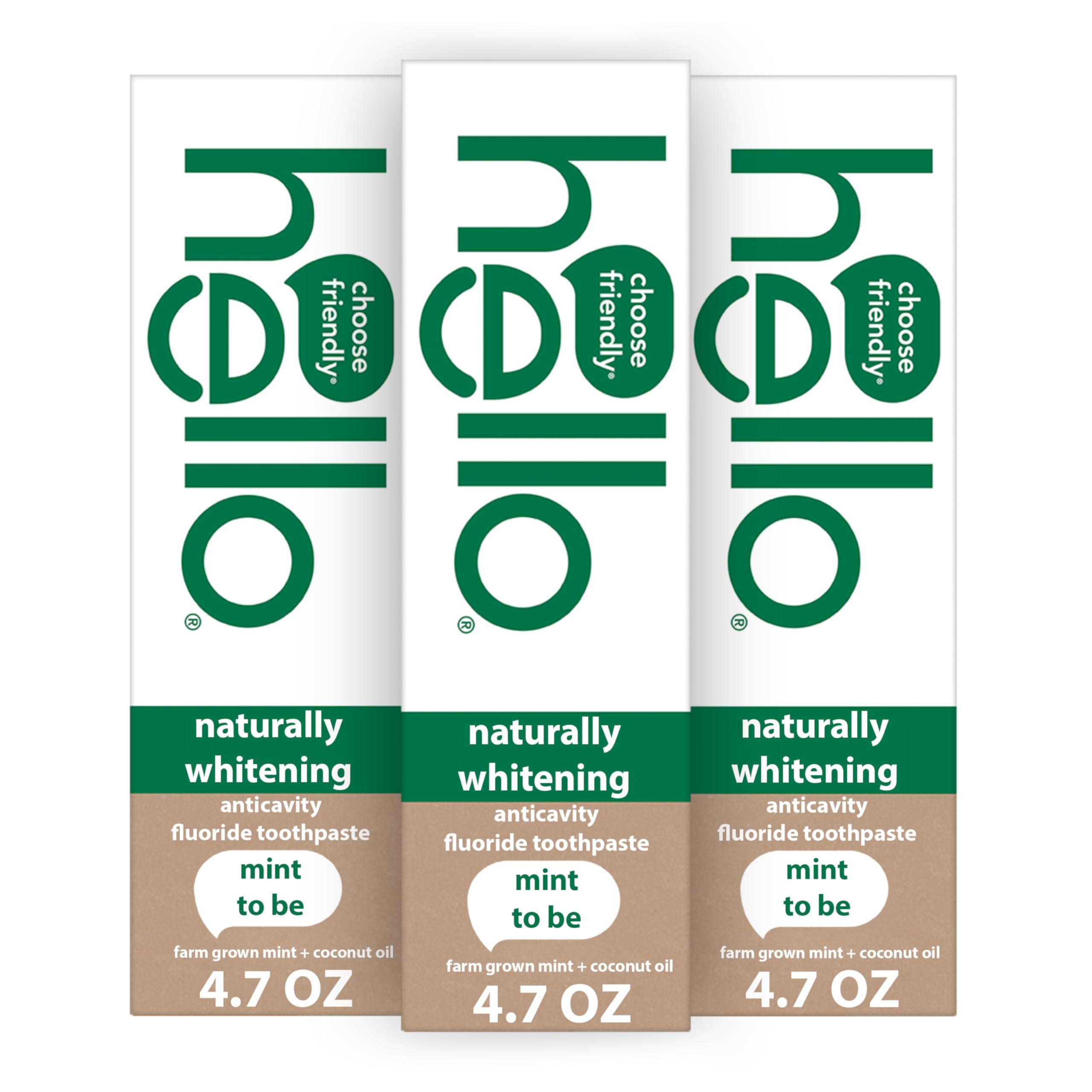 Hello Naturally Whitening Fluoride Toothpaste, Natural Whitening Toothpaste with Coconut Oil and Tea Tree Oil, Tames Bad Breath, Helps Moisturize, and Fights Cavities, Mint, 3 Pack, 4.7 Oz Tubes