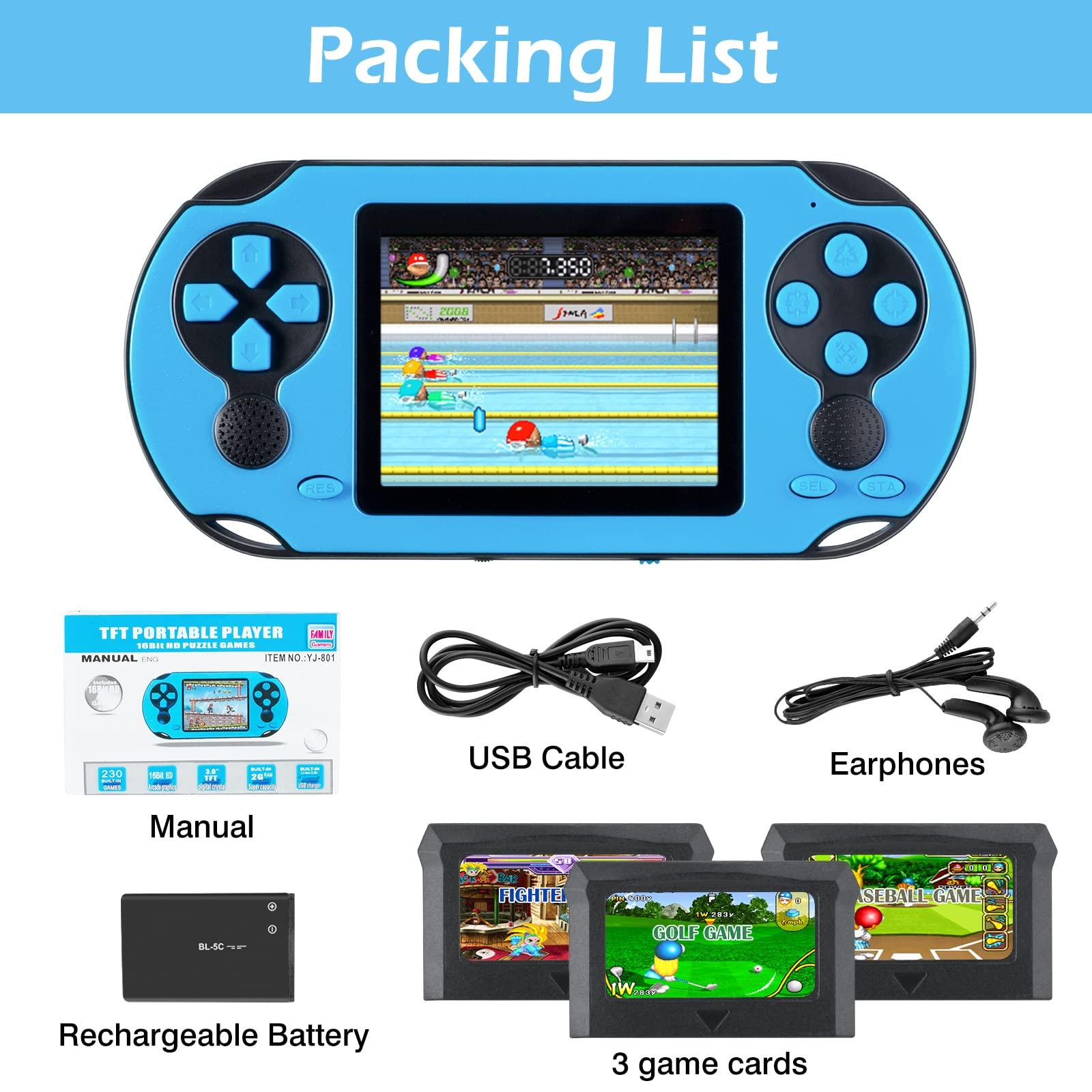 TaddToy 16 Bit Handheld Game for Kids Adults, 3.0'' Large Screen Preloaded 230 HD Classic Retro Video Games with USB Rechargeable Battery & 3 Game Cartridges for Birthday Gift for Kids 4-12 (Blue) - Image 7