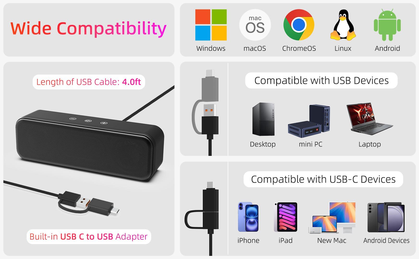 Computer Speakers for Desktop PC Laptop, Wired, USB Plug-in, External Speakers for Monitor, Small Computer Sound bar for PC, Loud Speaker with Deep Bass, Touch Control, Built-in USB-C to USB Adapter - Image 3