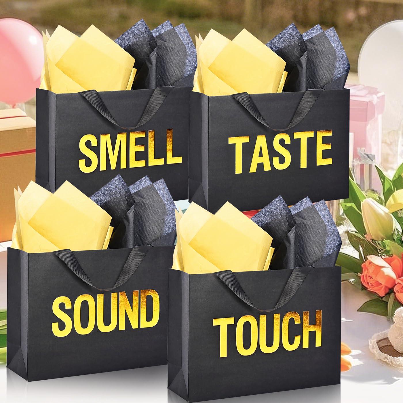 Large 5 Senses Gift Bags for Him Her, Gold Foil Sight Smell Touch Taste Sound Gift Bags,Five Senses Gift Bag for Him with Handles and Tissue Paper for Birthday, Mothers Day, Anniversary, Christmas(12.6 x 8.7 x 4 Inch) - Image 8