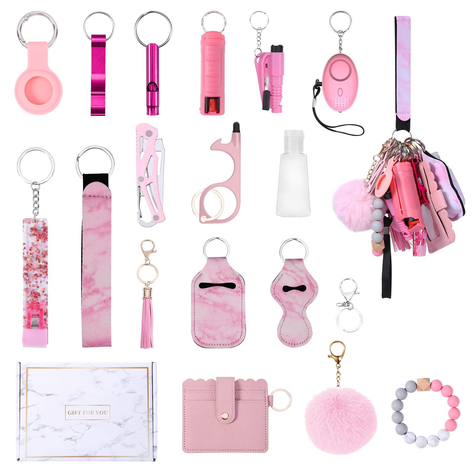 Temracha Safety Keychain Set for Women Girls, 18-in-1 Keychain Accessories Kit with Personal Alarm Whistle Card Wallet Pompom