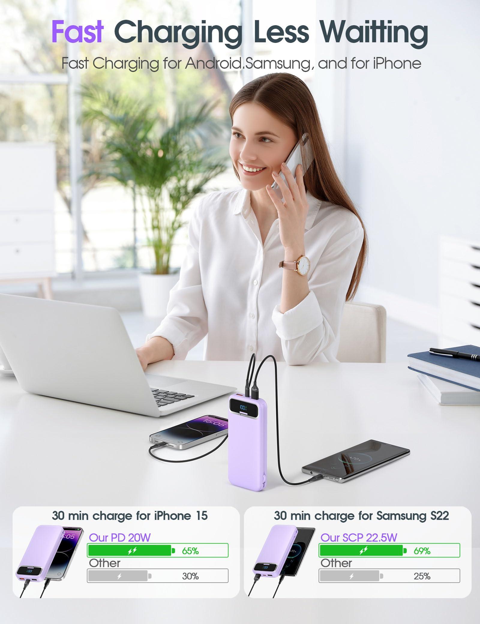 Portable-Charger Power-Bank with Built-in Cables & AC Wall Plug - 12000mAh PD 20W Fast Charging for iPhone,Samsung,Android, USB-C,Rechargeable External Battery Pack for Cell Phone,Type C,Travel Purple - Image 3