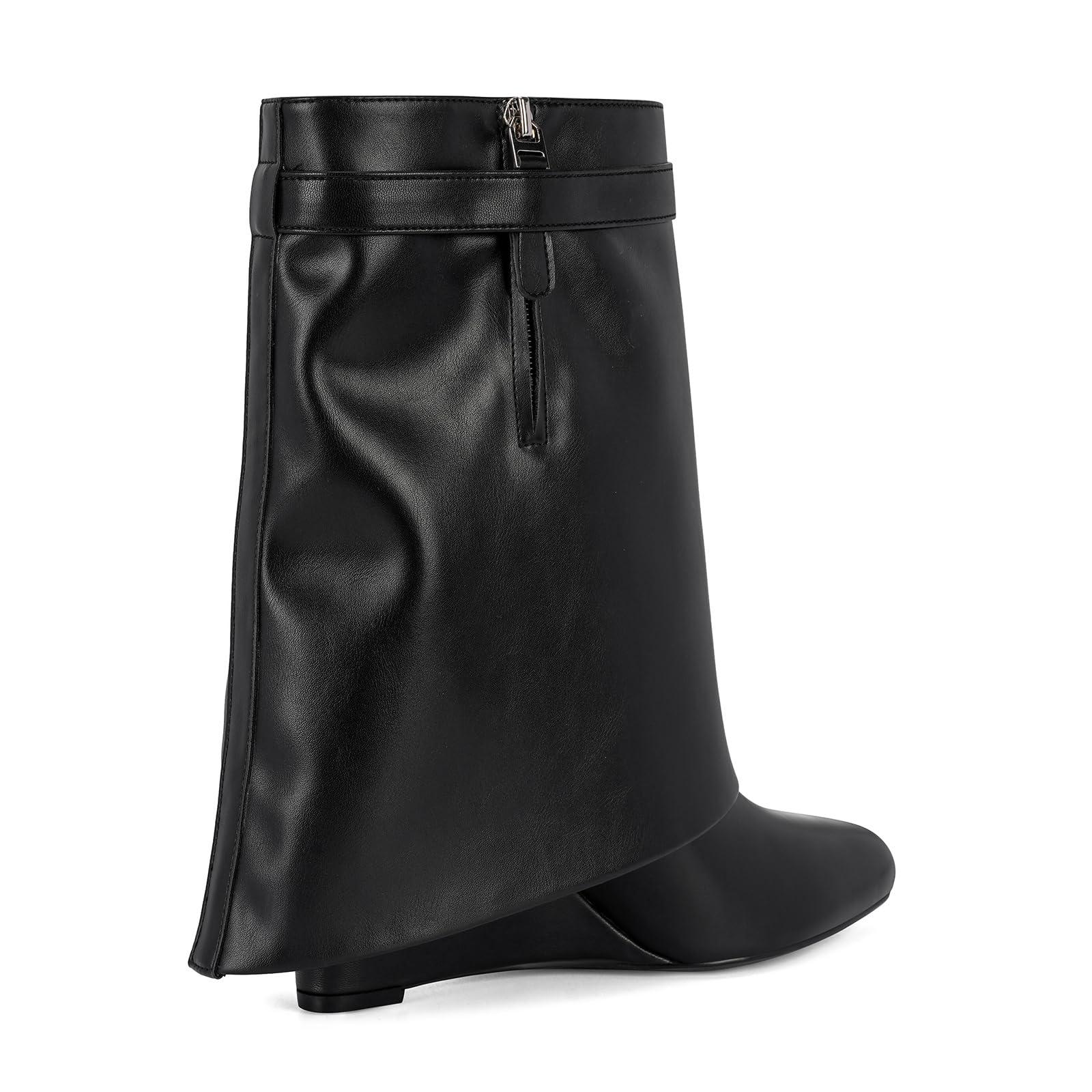 CORNMOOD Women Fold Over Wide Mid-calf Boots Platform Wedge Heel Round Toe Faux Leather Pull On Shark Booties with Padlock Short Boots - Image 4