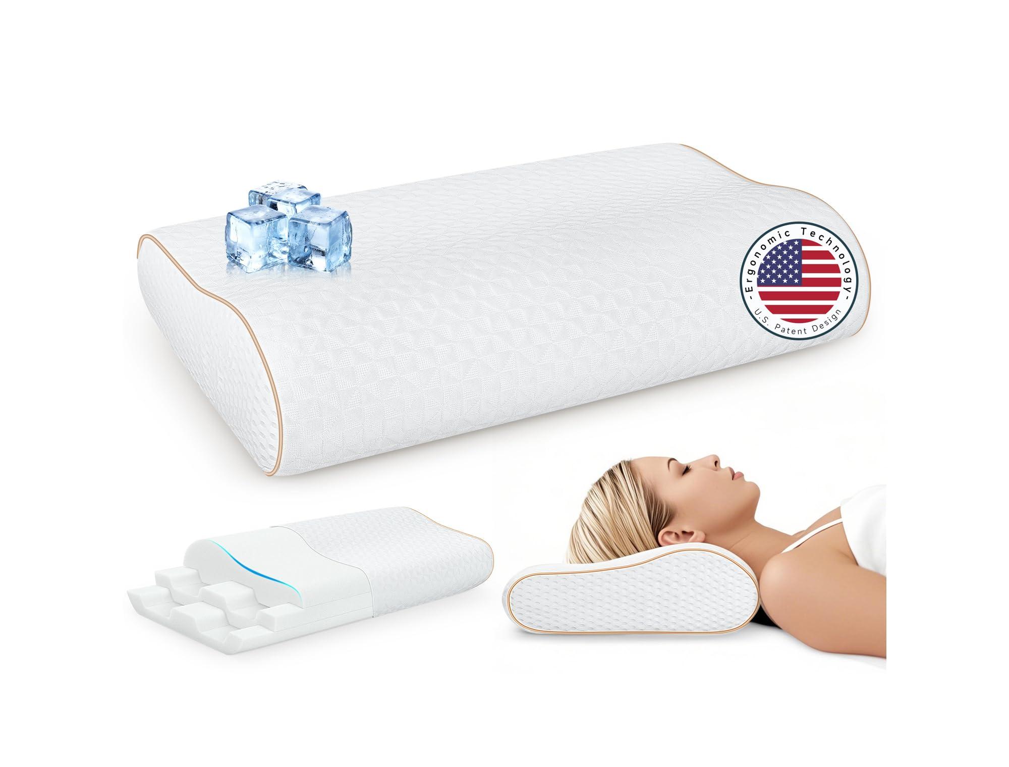 zibroges Sandwich Memory Foam Pillow for Sleeping - Ergonomic Cervical Cooling Pillows Queen Size, Adjustable Contour Pillow for Neck Pain Relief, Bed Pillow for Side, Back & Stomach Sleepers