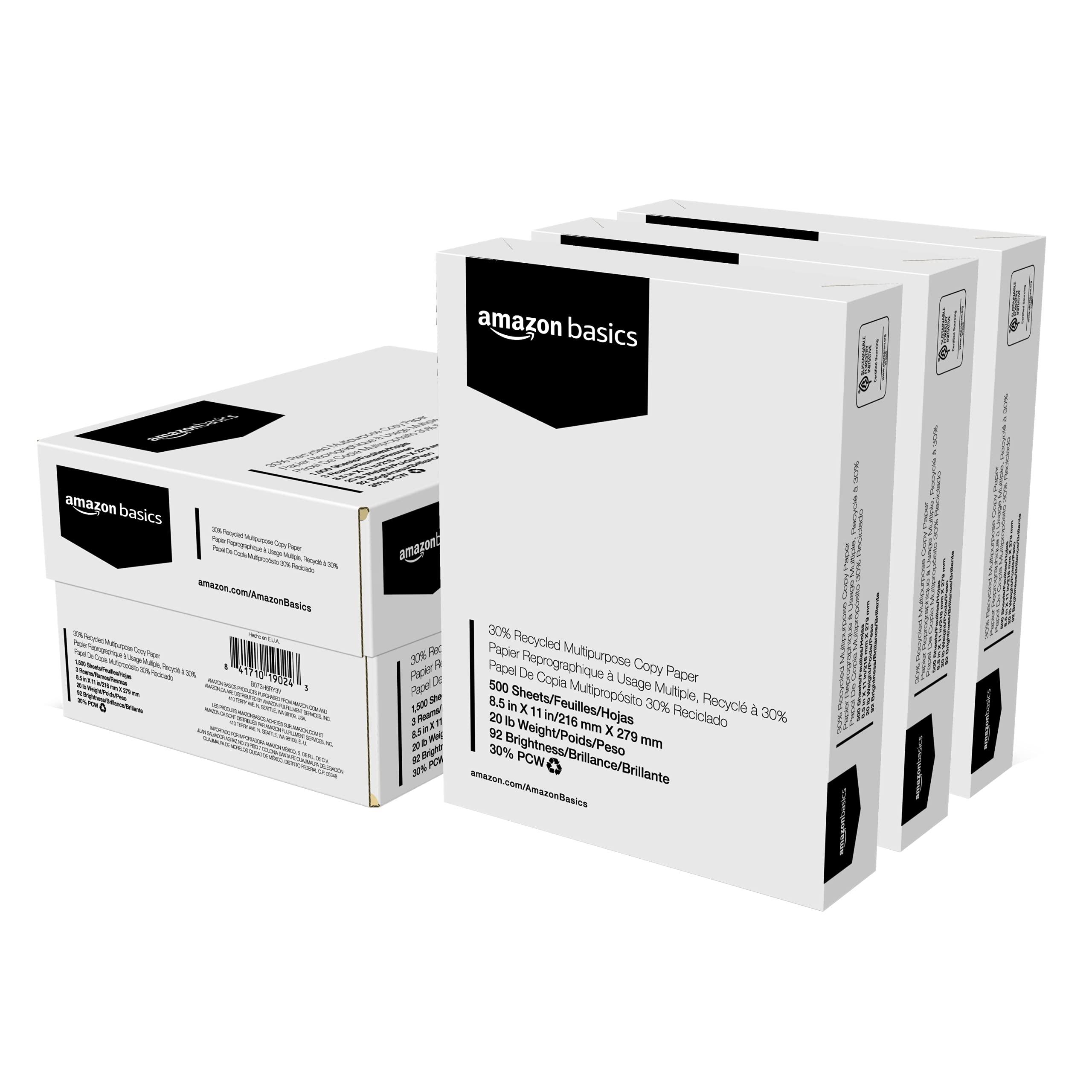 Amazon Basics 30% Recycled Multipurpose Copy Printer Paper, No Jams, 8.5-x-11-inch, 3 Reams (1500 Sheets), White
