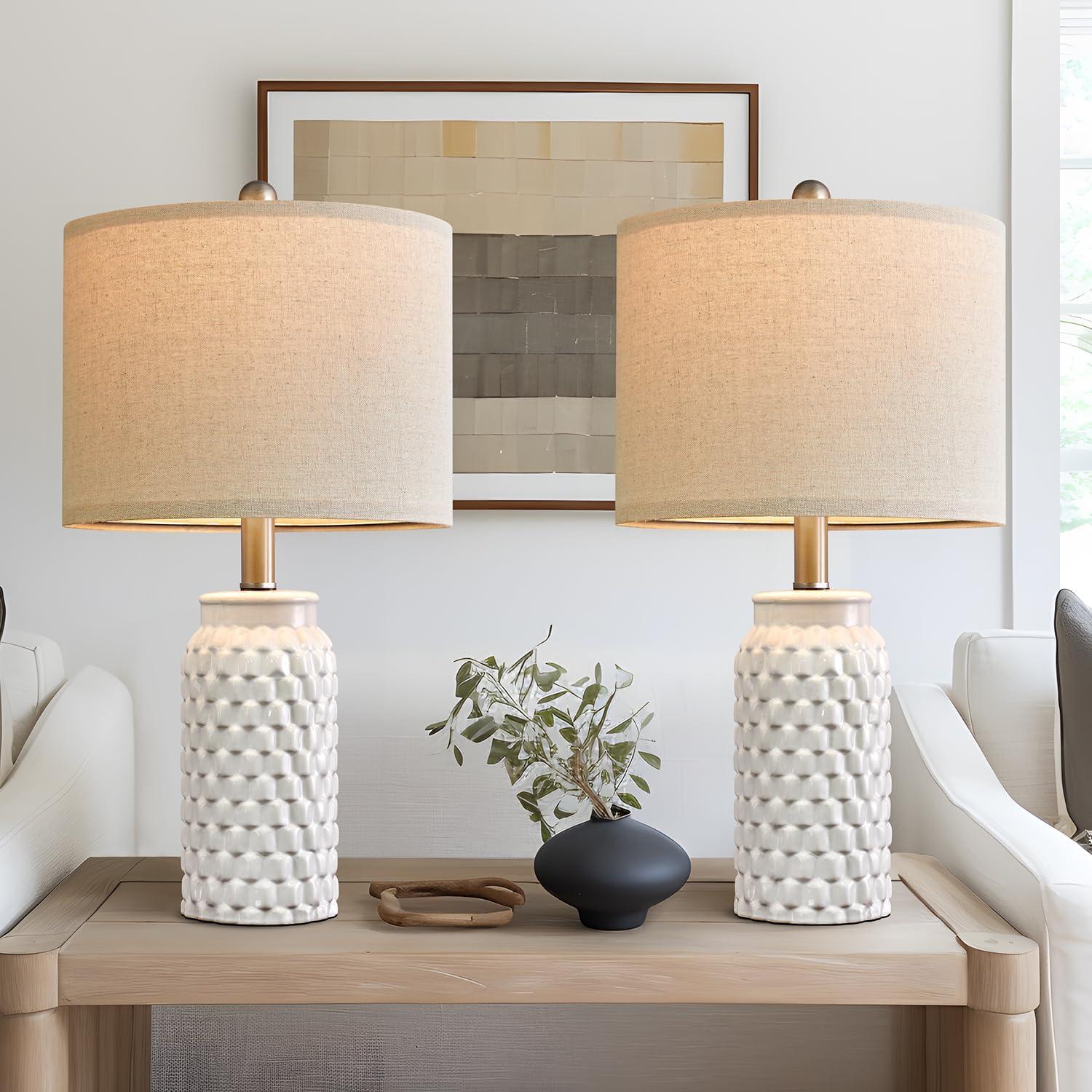 USumkky 20.5" White Modern Ceramic Bedside Lamp Set of 2 for Bedroom Decor Farmhouse Table Lamp for Living Room Office Dorm