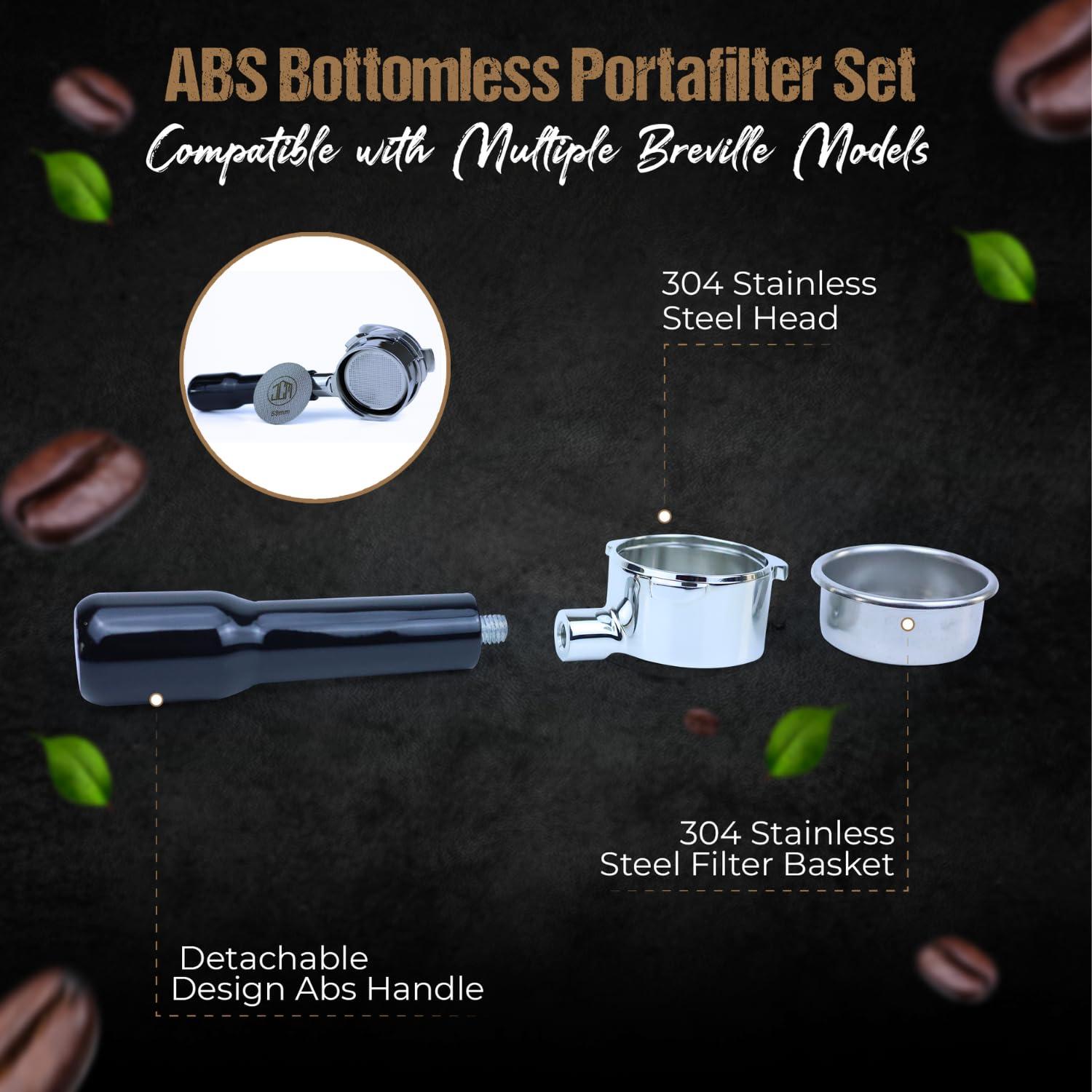 54mm Bottomless Portafilter 3 Ears ABS Handle – Fits Breville Barista Express, Bambino, Impress, Duo Temp Pro and Infuser – Includes 18g Filter Basket Hands-Free Dosing Funnel & 1.7mm Puck Screen - Image 3