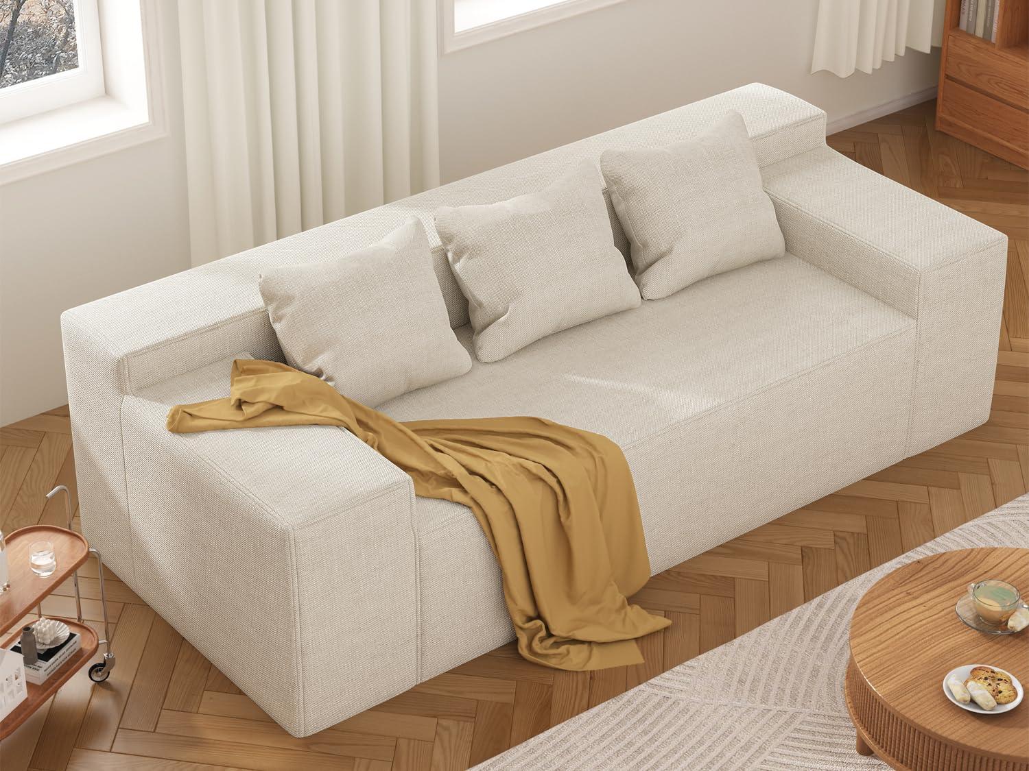 Modern 3-Seater Sofa, Hybrid Sofa in a Box, No Assembly Required, Comfy Sofa Couch with 3 Matching Pillows, Cat-Scratch Resistant Linen, Couch for Living Room or Bedroom, Beige - Image 3
