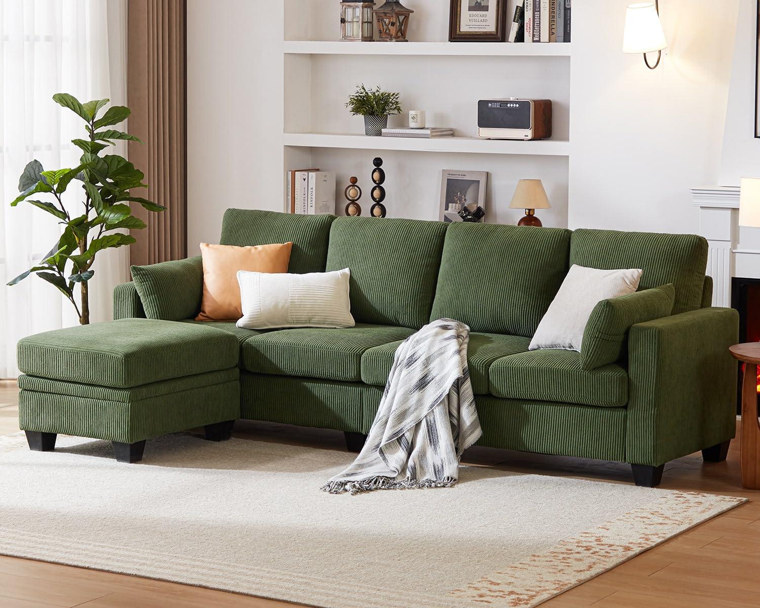 CHIC HOUSE Corduroy Modular Sectional Couch with Ottoman Chaise, L/U Shaped Sleeper Sofa for Living Room, Apartment, Lounge, Modern Armrest Neck Support Furniture (5 Seater Sectional, Green)