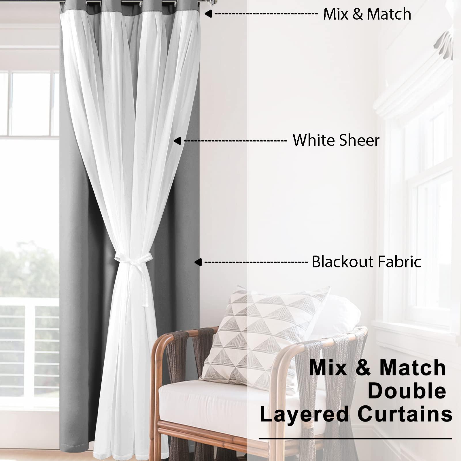 Hiasan Grey Blackout Curtains with Sheer Overlay, Grommet Thermal Insulated Privacy Mix & Match Double Layer Room Darkneing Curtains for Bedroom, Living Room, 2 Window Panels with Tiebacks, 52W X 84L - Image 5