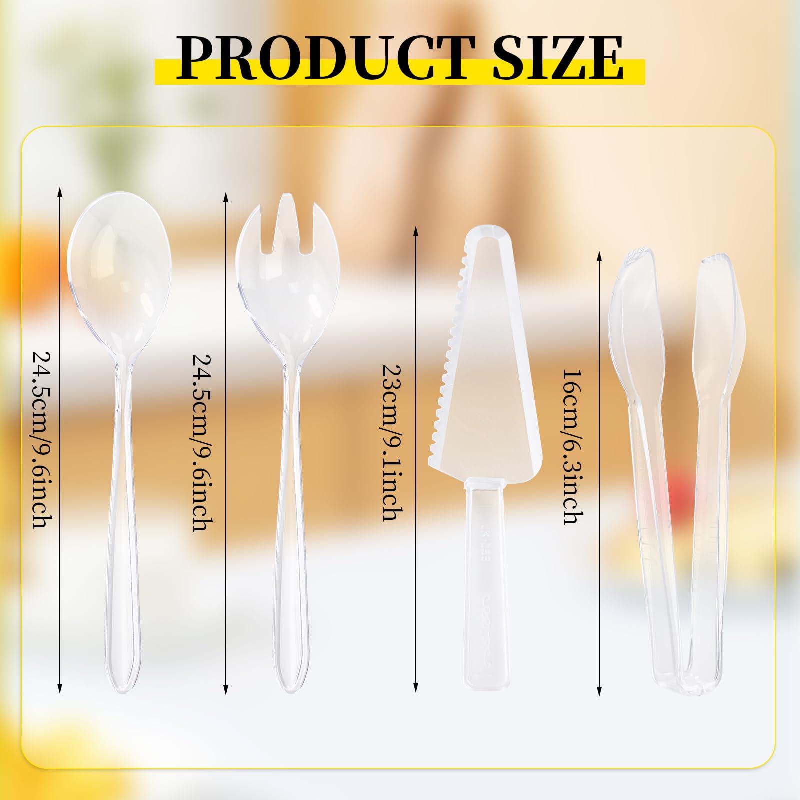TANEMUDO 32 Pcs Disposable Plastic Serving Utensils Set with 8 Pcs 9.7" Spoons Forks, 8 Pcs 9.5" Knives, and 8 Pcs 6.3" Tongs for Serving Food, Cake, Birthday Party, Buffet, and Cutlery (Clear) - Image 3
