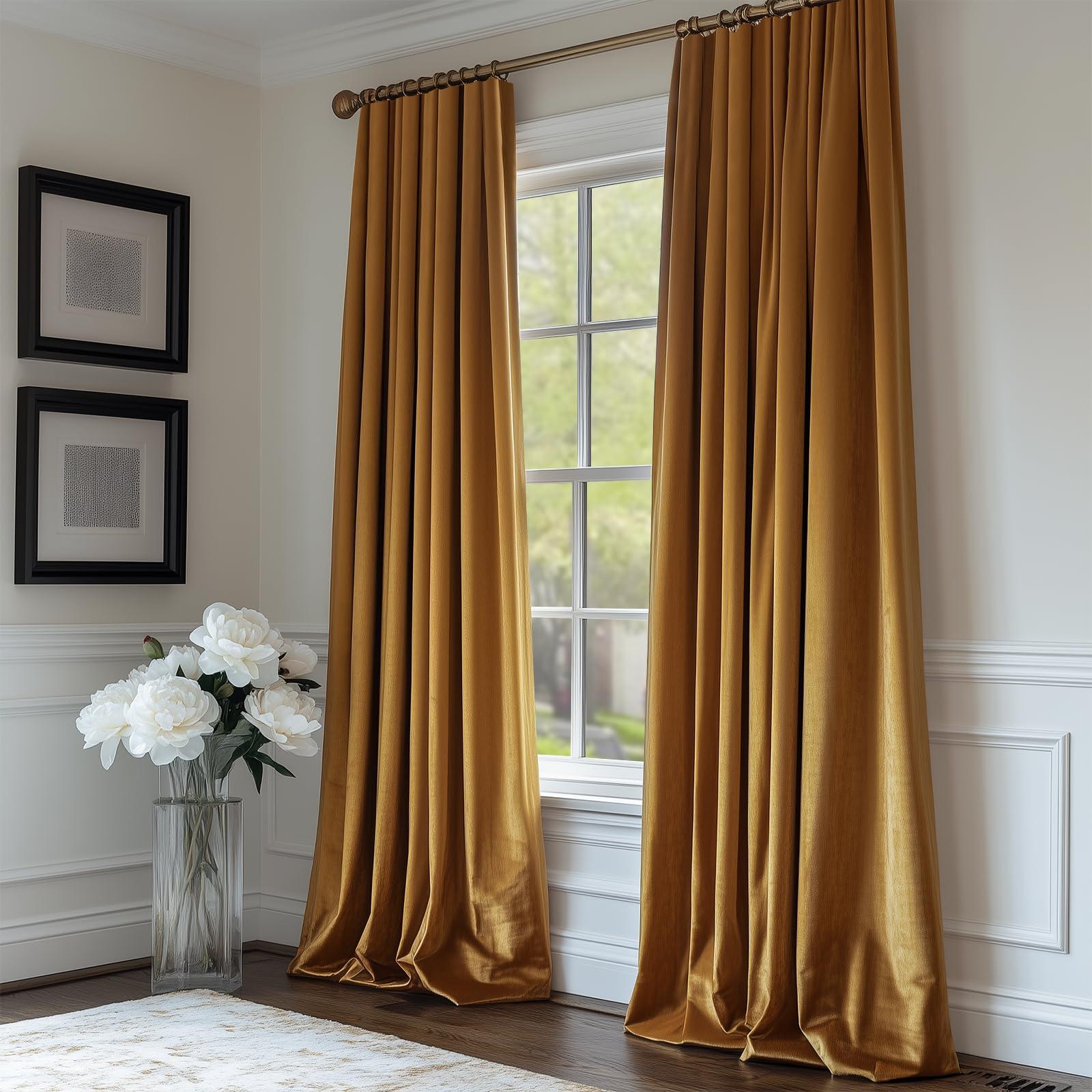 Lazzzy Velvet Blackout Curtains Brown Thermal Insulated Drapes for Bedroom Living Room 108 Inches Extra Long Window Treatments Super Soft Luxury Rod Pocket 2 Panels Gold Brown - Image 5