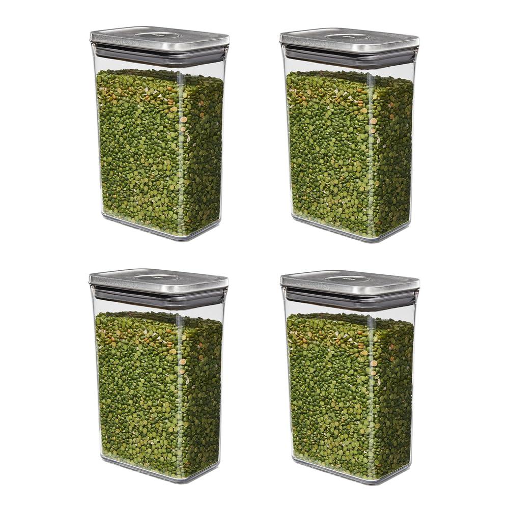 OXO Steel POP Container Medium Rectangle - 2.7 Qt (Pack of 4) Food Storage Containers Airtight for Rice, Pasta & More, Grey