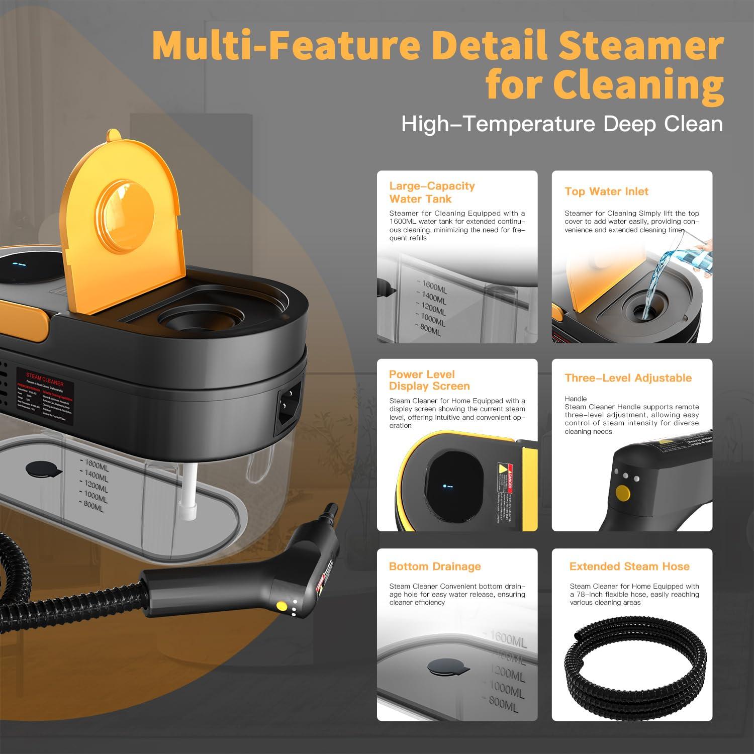 Gautye Steam Cleaner, 3-Level Adjustable Handle, 15s Heat-Up, 1.69 Quarts Tank, Portable Steamer for Cleaning with 15 pcs Accessories, Steam Cleaner for Home for Dirt, Grease, Grout, Tile,Floor, Car - Image 3
