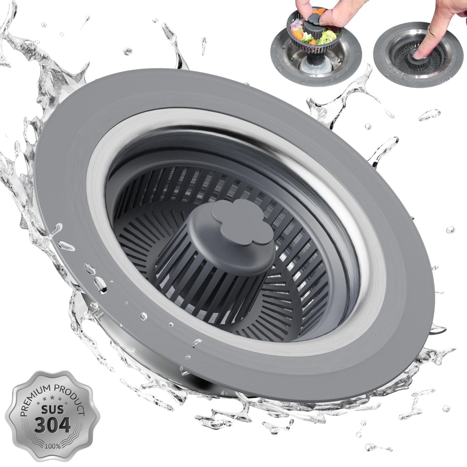 XLMSPORTS 3 in 1 Kitchen Sink Drain Strainer and Stopper, 304 Stainless Steel Pop-up Anti-Clogging Basket Strainer, Fast Drainage Kitchen Sink Plug for Standard 3-1/2" Drain Hole