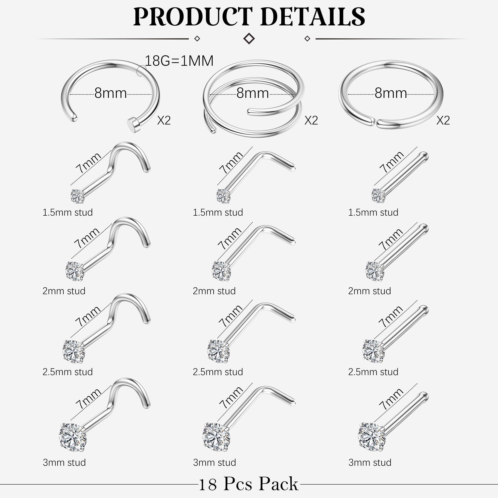 LOYALLOOK 18Pcs Nose Rings Studs - 316L Surgical Steel Gold Nose Studs Double Hoop Nose Ring for Women Men 18G/20G Nose Rings Stud Hypoallergenic Nose/Body Piercing Jewelry 1.5mm 2mm 2.5mm 3mm CZ - Image 3
