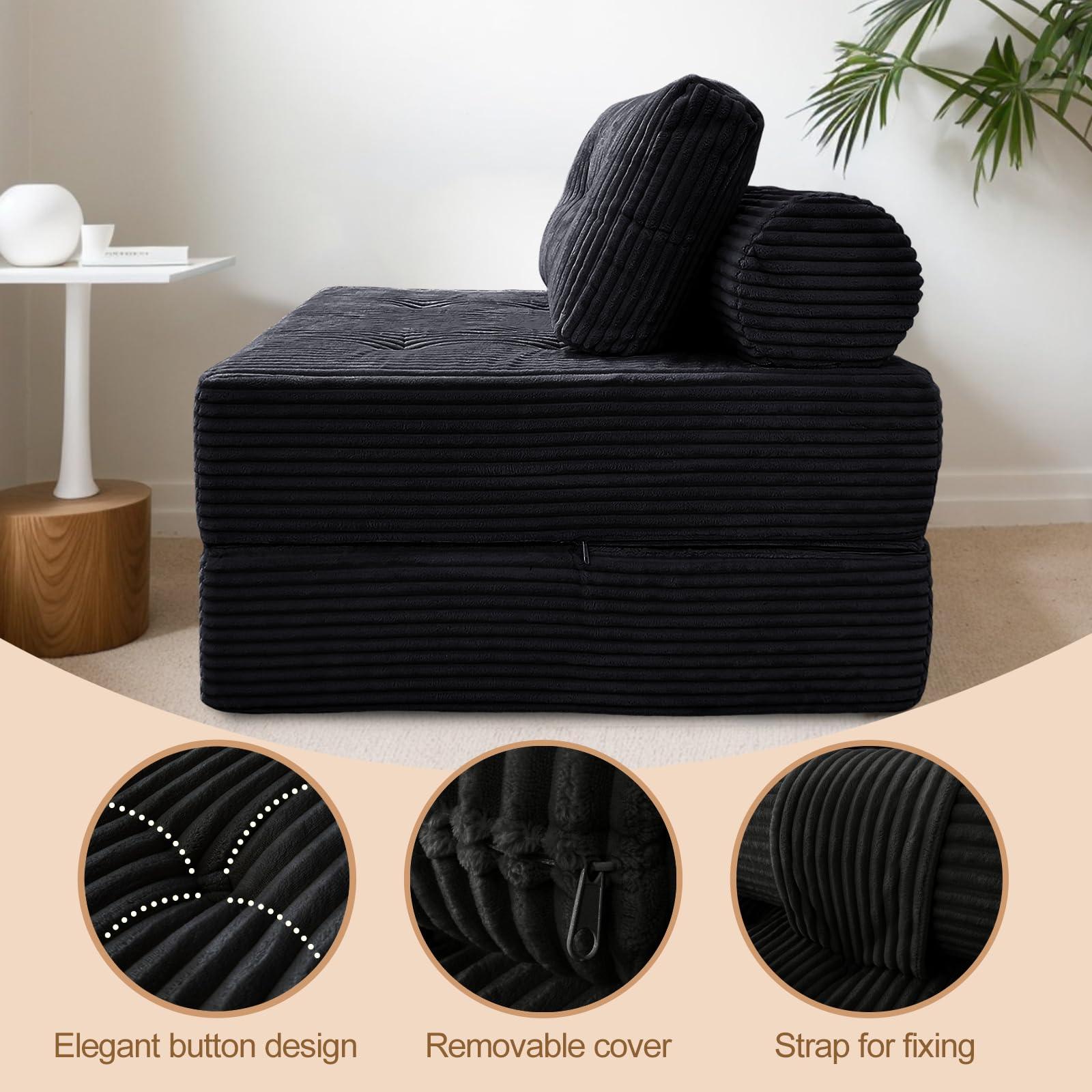 Nigoone Sofa Bed Futon, Versatile Foldable Sleeper Chair with Pillow, Supportive Memory Foam, Plush Corduroy Fabric, Cozy Floor Couch, Convertible Mattress for Bedroom/Living Room/Guest/Office, Black - Image 6