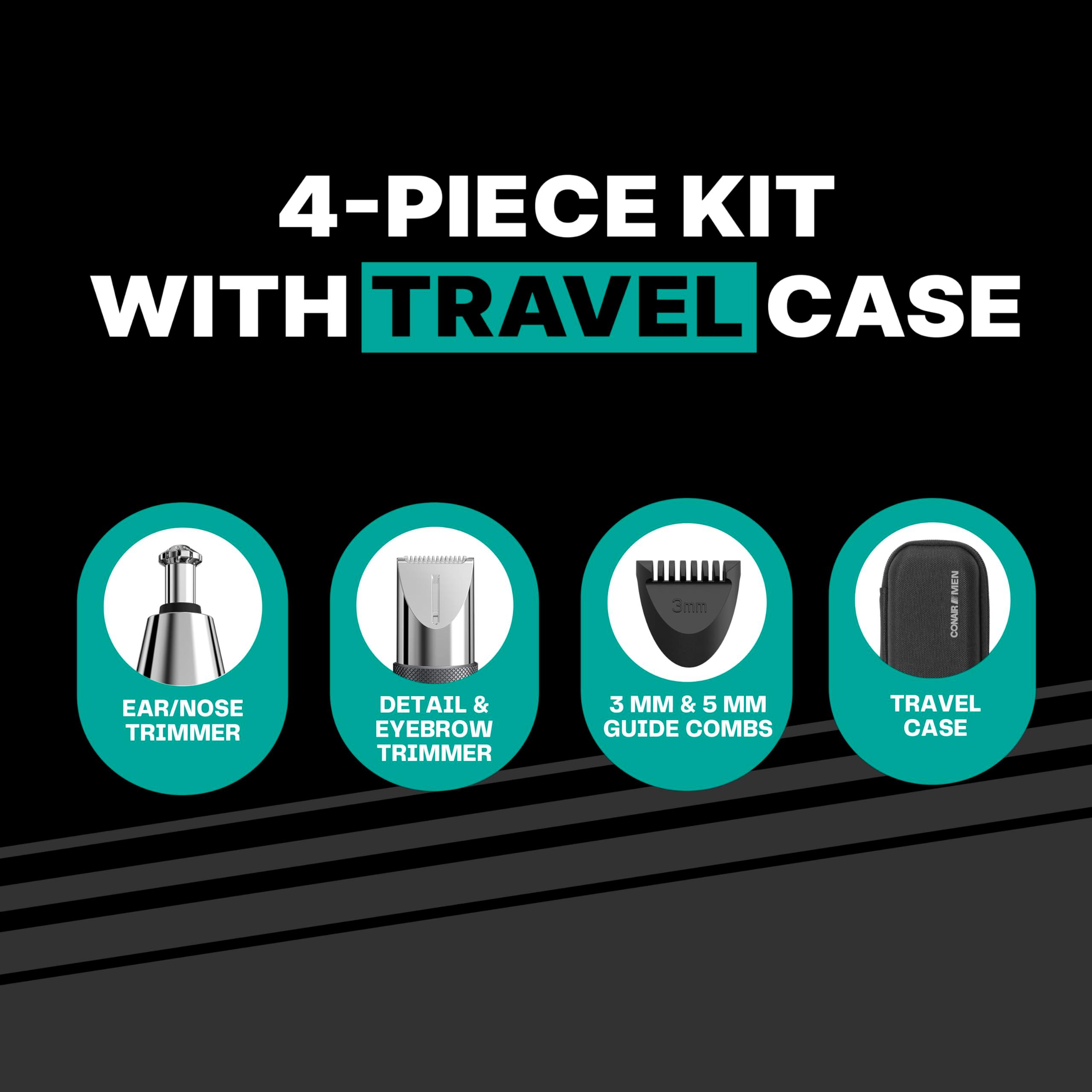 Conair Men Ear, Nose, and Eyebrow Trimmer, Patent 360 Bevel Blade for No Pull, No Snag Trimming Experience, 5-piece Kit with Travel Case - Image 2