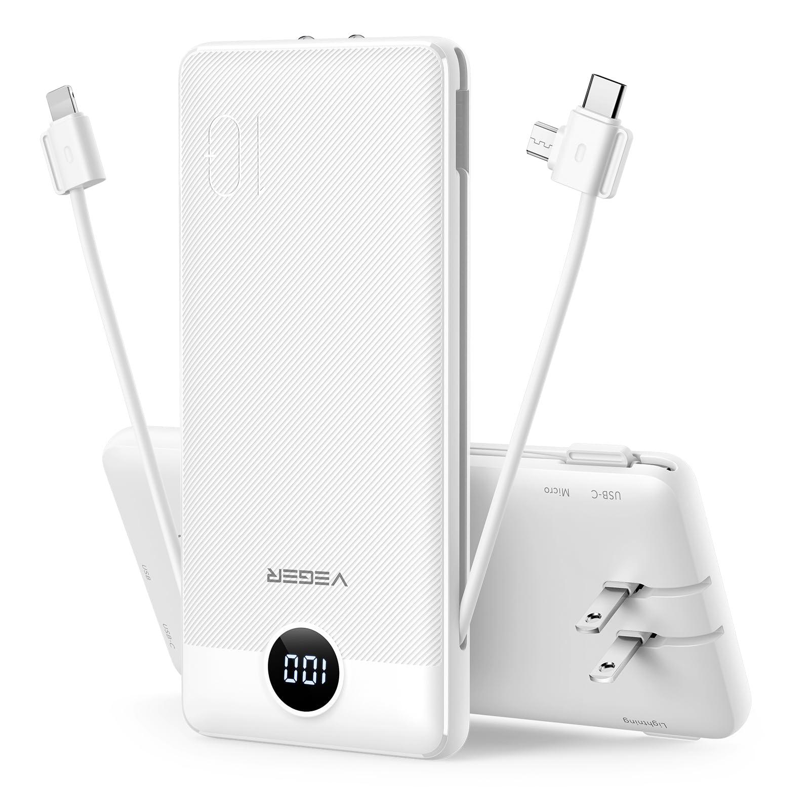 VEGER Portable Charger for iPhone Built in Cables and Wall Plug, 10000mah Slim Fast Charging USB C Power Bank, Travel Essential Battery Pack Compatible with iPhones, iPad, Samsung More Devices(White)