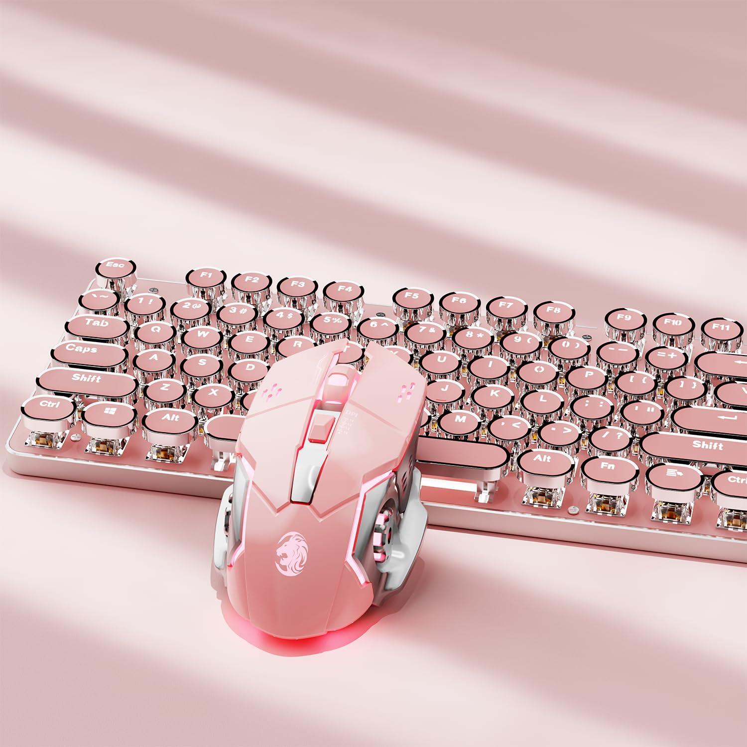 TK950 Wireless Typewriter Keyboard and Mouse Combo, 104 Keys Retro Typewriter Mechanical Keyboard with White Backlit, Anti-Ghosting, Blue Switch, Bluetooth/2.4G/Wired Cute Gaming Keyboards-Pink