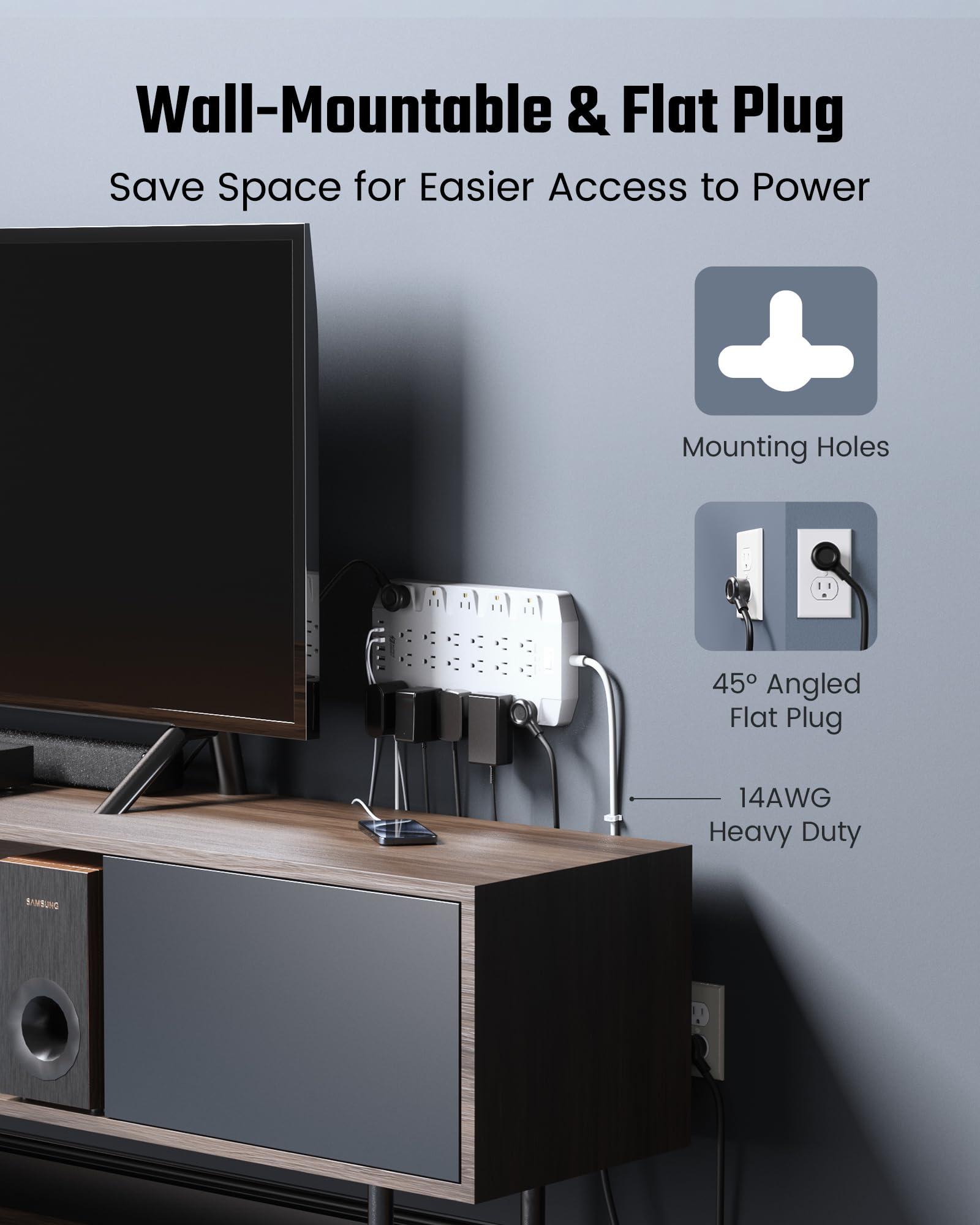 45W Power Strip Surge Protector with PD USB-C, SUPERDANNY 1875W/15A, 2100J, 6.5ft Flat Plug Mountable Extension Cord with 22 Outlet+6 USB Port, Fast Charging for Home,Office,Dorm,Gaming,PC,Streaming - Image 6