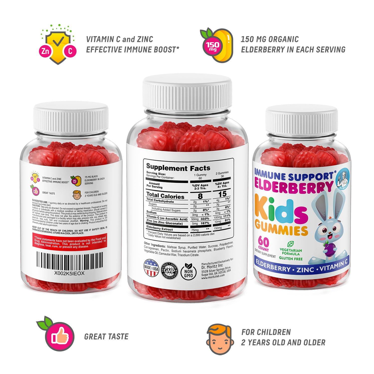 DR. MORITZ Elderberry Gummies for Kids and Adults (2 Pack) - Elderberry Vitamin C and Zinc for Kids Immune Support - Vegetarian, Gluten Free - Image 6