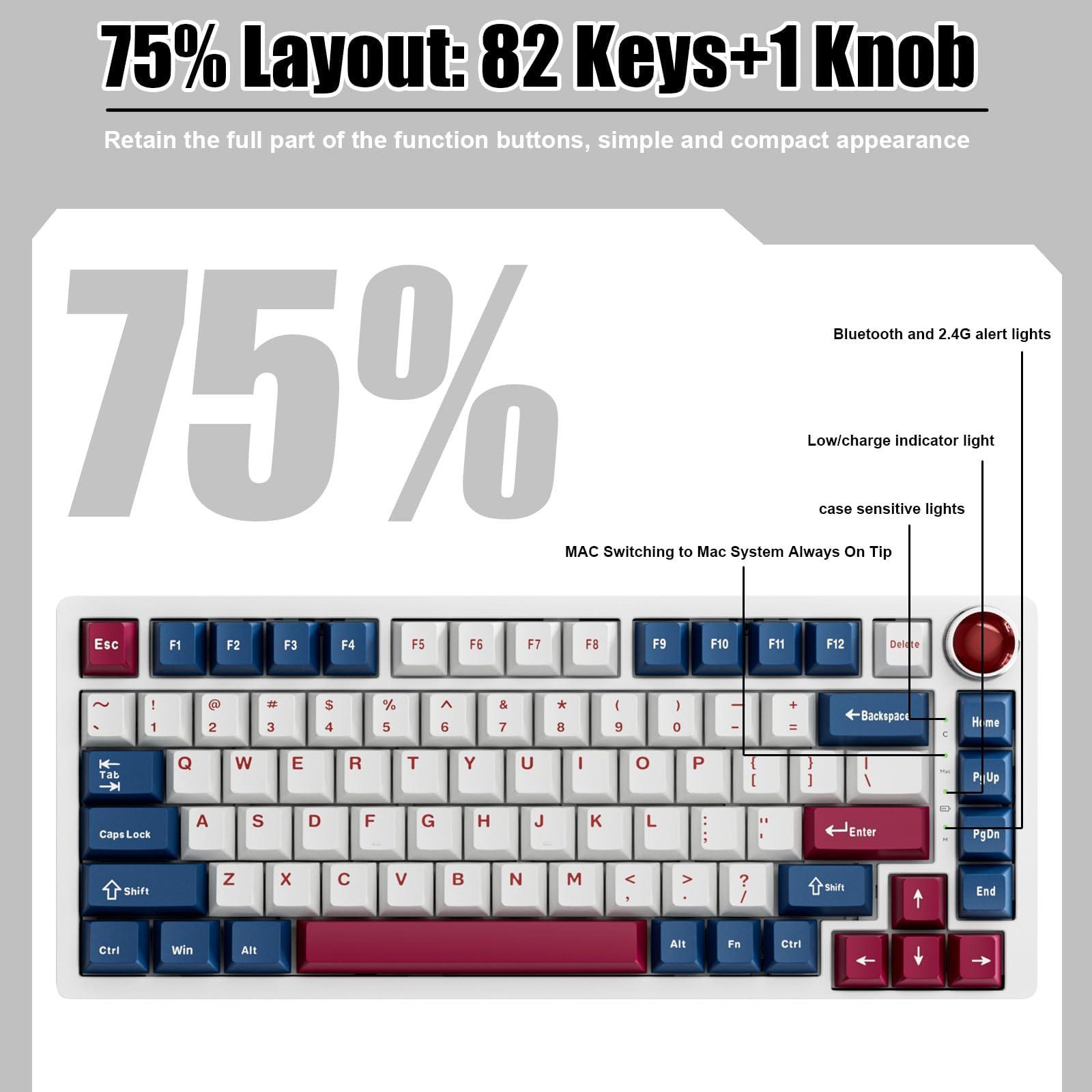 BOYI YK82 Aluminum Alloy Mechanical Keyboard,75% RGB Gasket-Mounted BT5.0/2.4G/Type-C Wired Tri-Mode Hot-Swap Programmable PBT Keycaps Gaming Keyboard with Knob for MAC/Win(Ruby Red PBT Keycaps) - Image 8
