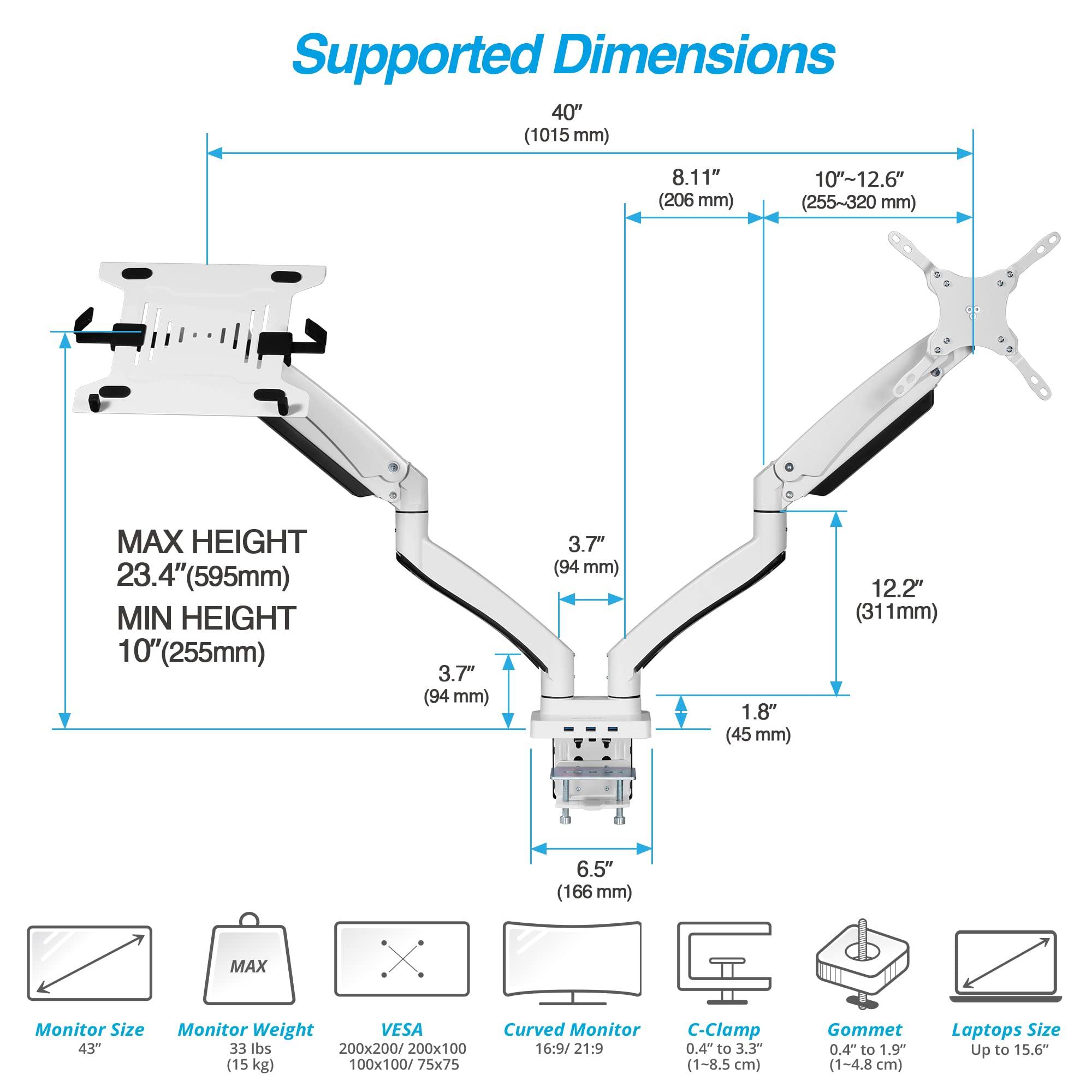 AVLT Dual 17”-43" Monitor Arm Desk Mount with 15" Laptop Tray and USB-C Docking Station, HDMI 4K60Hz, USB-A 5Gbps, Ethernet, 100W PD, Fits Two Flat/Curved Monitor - White - Image 4