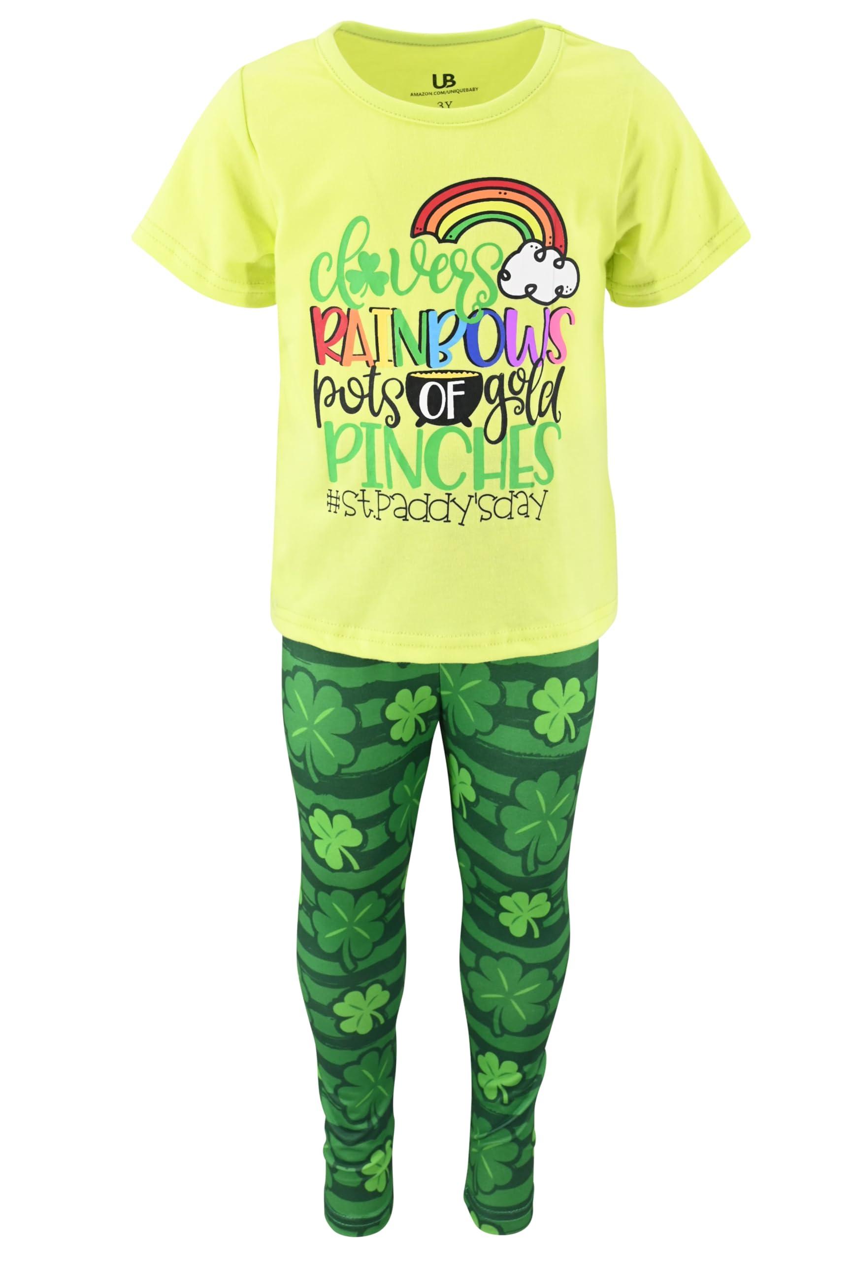 Unique Baby 2 Piece Girls Printed Leggings Outfit with Short Sleeve Shirt Kid and Toddler Clothes Set