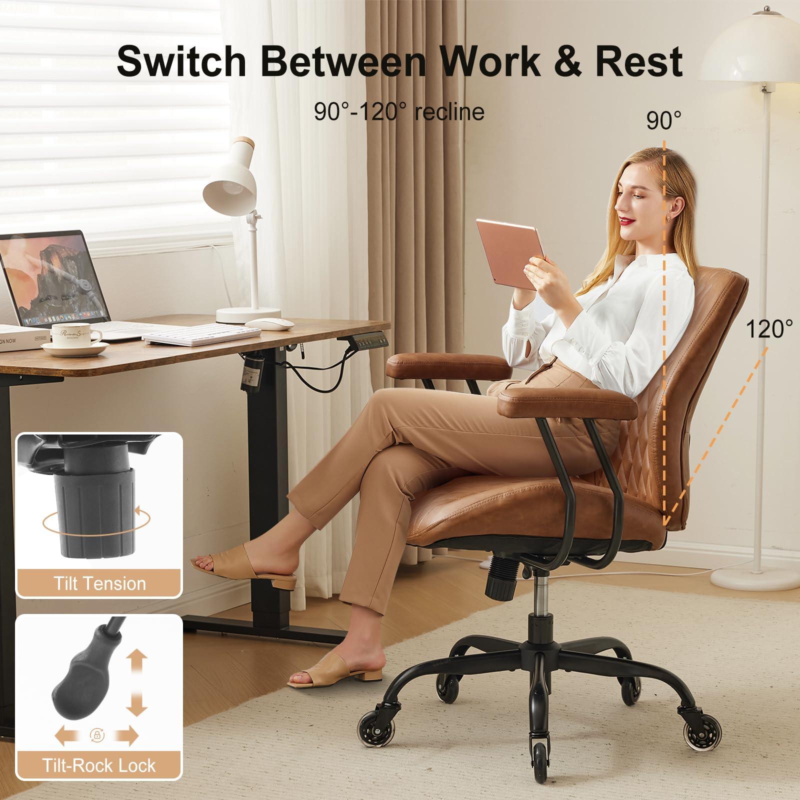YFO Home Office Desk Chair Office Rubber Casters Ergonomic Computer Chair with Lumbar Support Adjustable Height Rolling Swivel Executive Task Armrests Chair， Brown Leather - Image 3