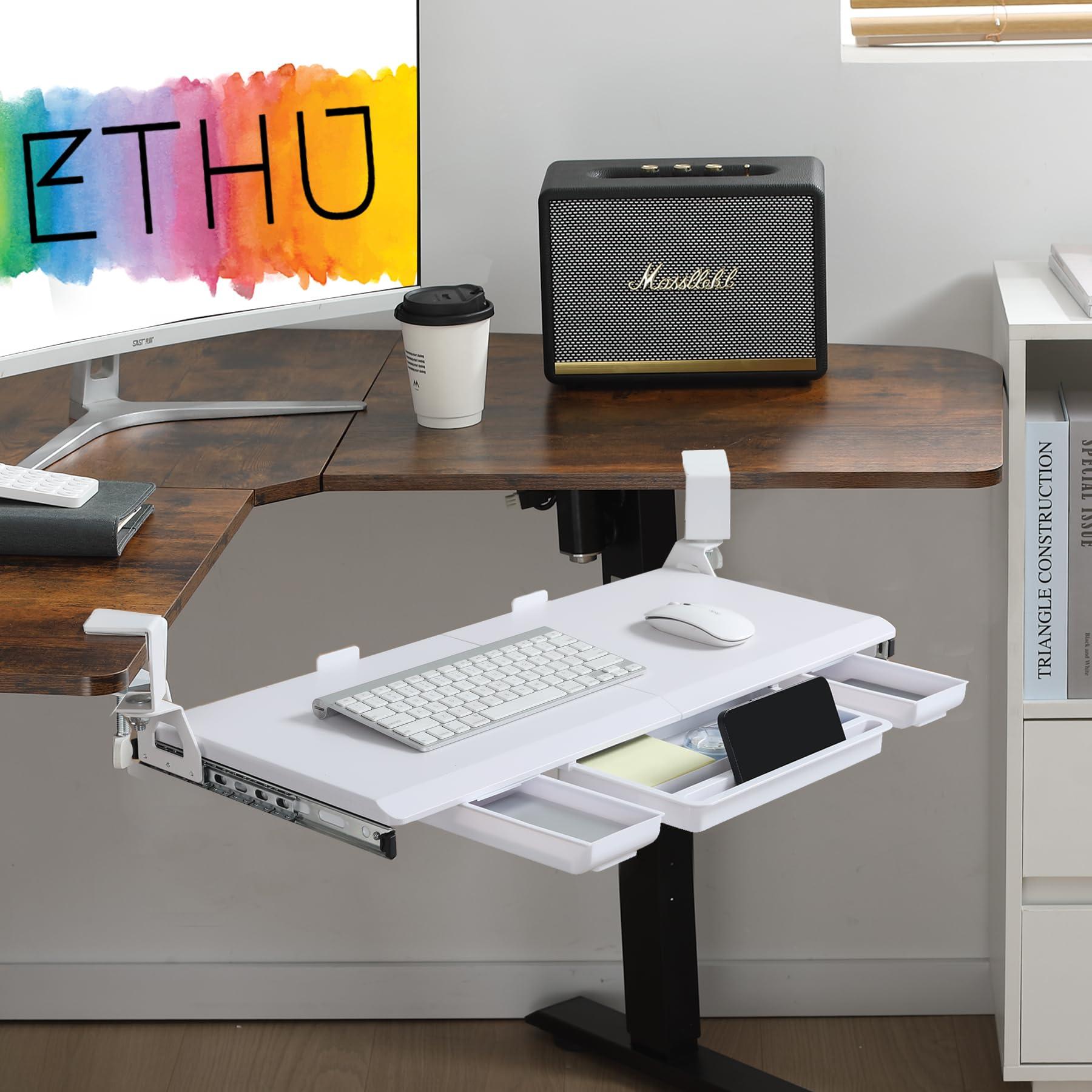 ETHU Keyboard Tray Under Desk, Ergonomic Corner Keyboard Tray with 180° Adjustable C Clamp for L Shape Desk 26.77" X 12.2" Easy to Install, Computer Keyboard Stand for Home and Office (White) - Image 7