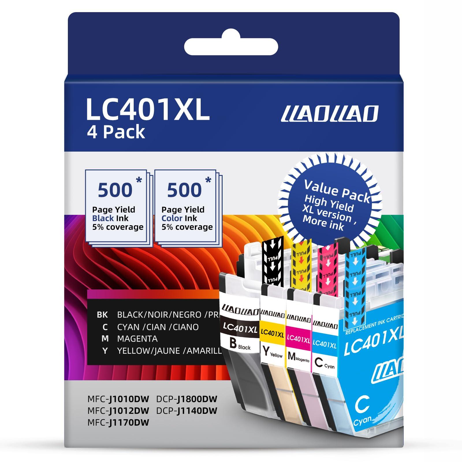 LC401XL Ink Cartridges Replacement for Brother LC401 LC401XL Ink Cartridges for Brother Printer MFC-J1010DW MFC-J1012DW MFC-J1170DW Black Cyan Magenta Yellow (4 Pack)