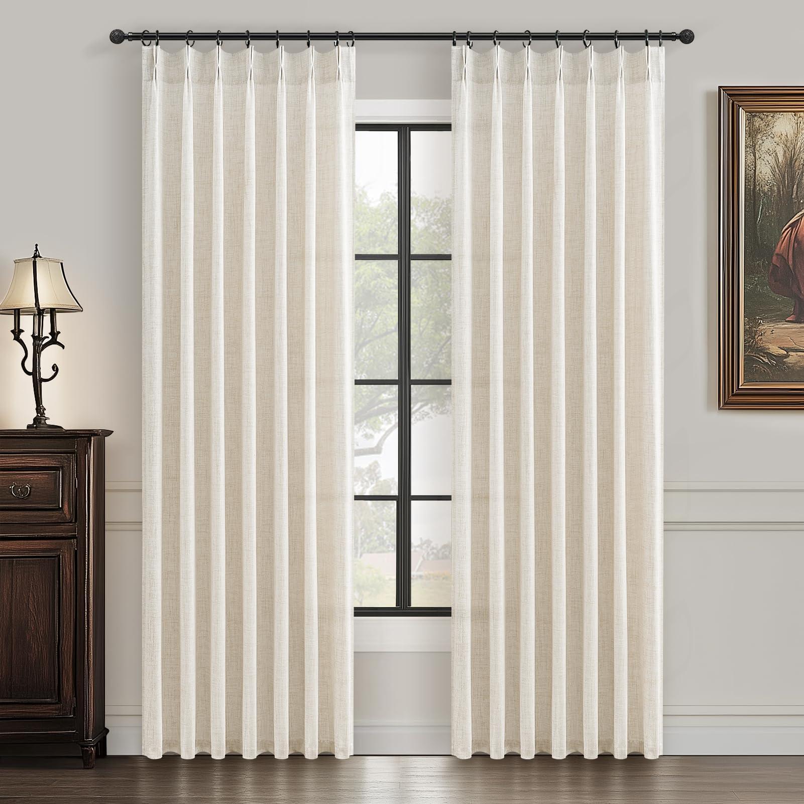 Pinch Pleat Thick Linen Viral Curtains 84 Inch Length 2 Panels Set for Living Room,Cream Beige Neutral Pleated Semi Sheer Curtain Light Filtering Privacy Let Light in Bedroom Window Drapes 40" Wx84 L