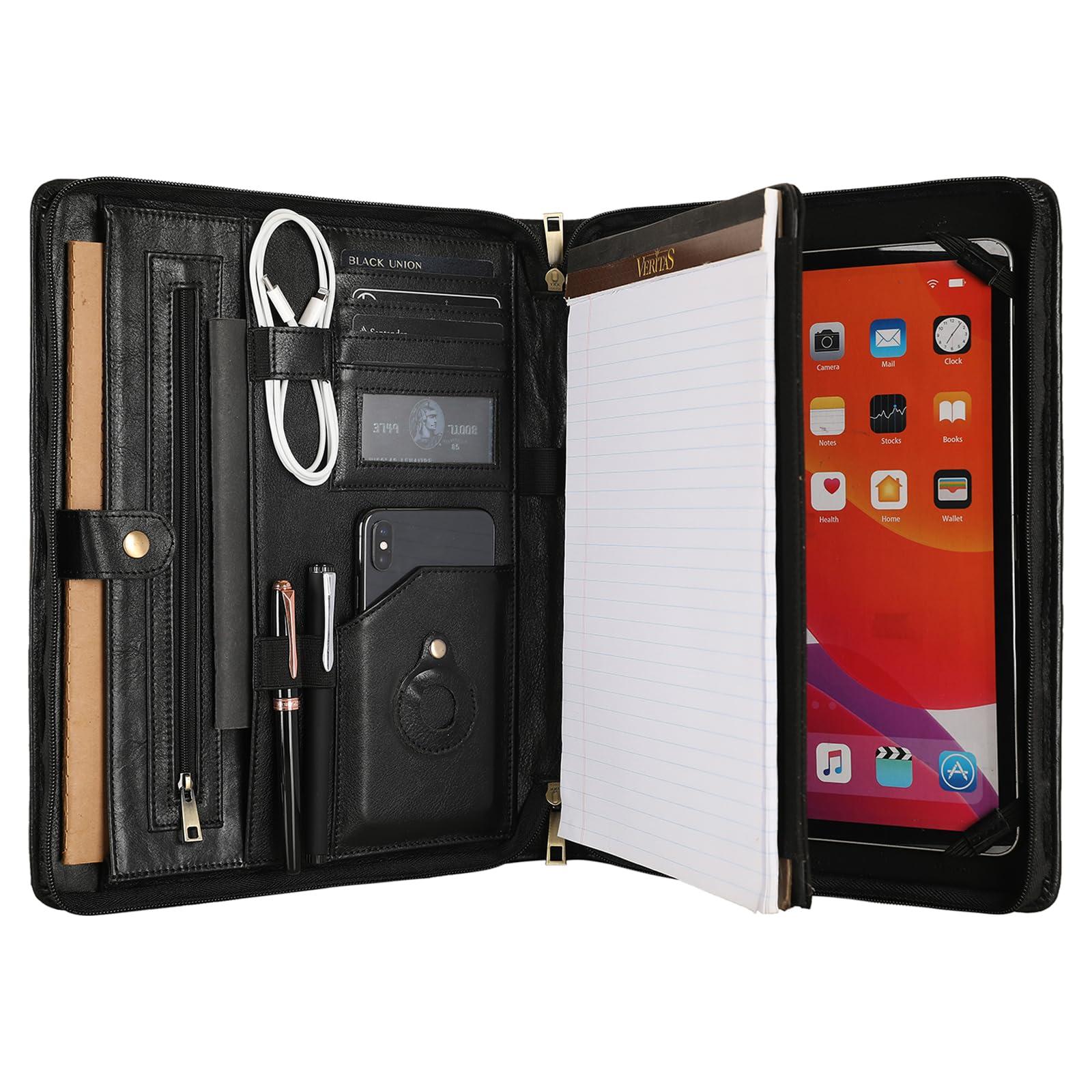 Leather Portfolio for 13 inch iPad Pro M4 (2024), Business Tablet Portfolio for Men, Personalized Padfolio, Engraved Portfolio Folder for A4 Notepad (Oil Black, Custom)